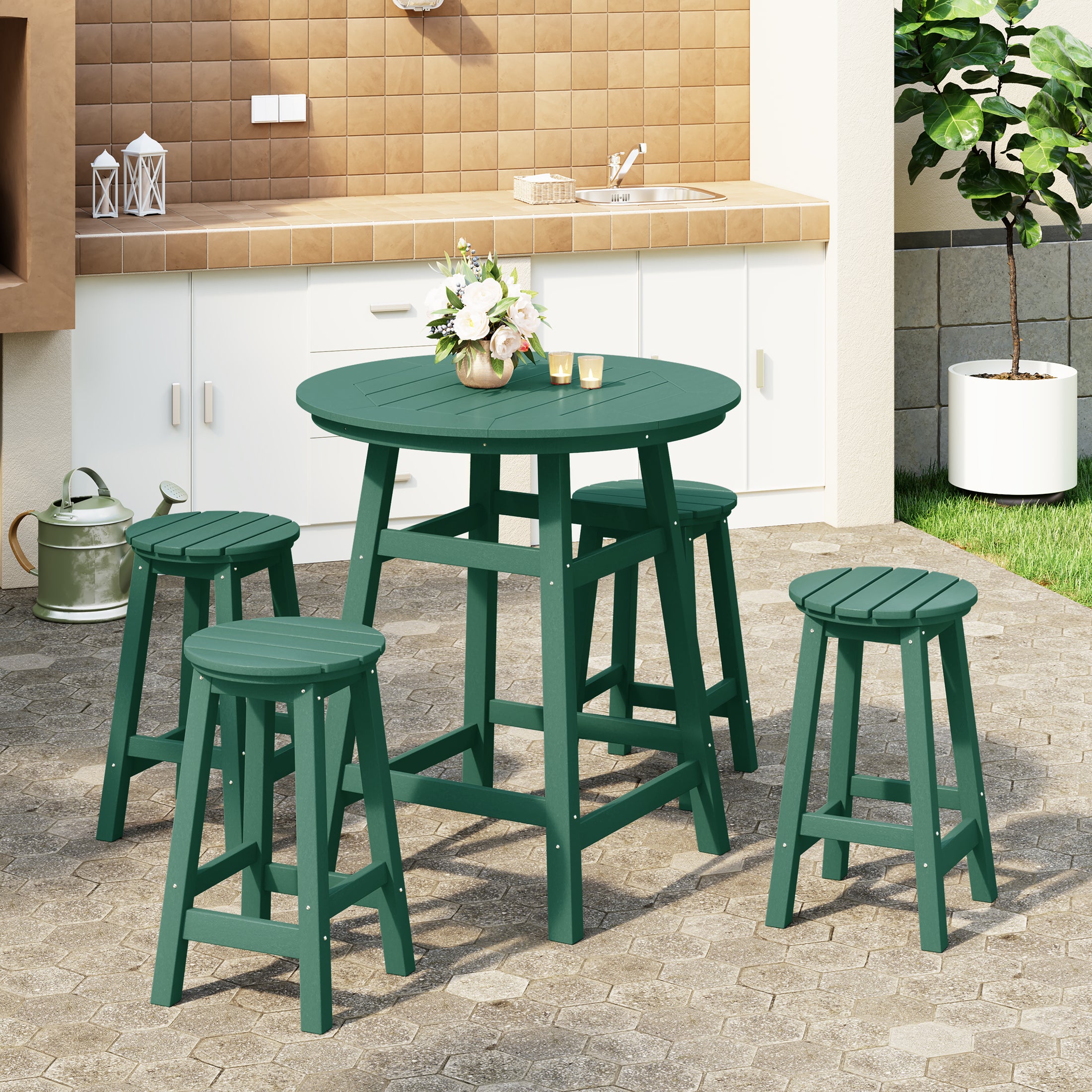 Paradise 5-Piece HDPE Outdoor Patio Dining Bar Bistro Table Set with Counter High Round Bar Stools