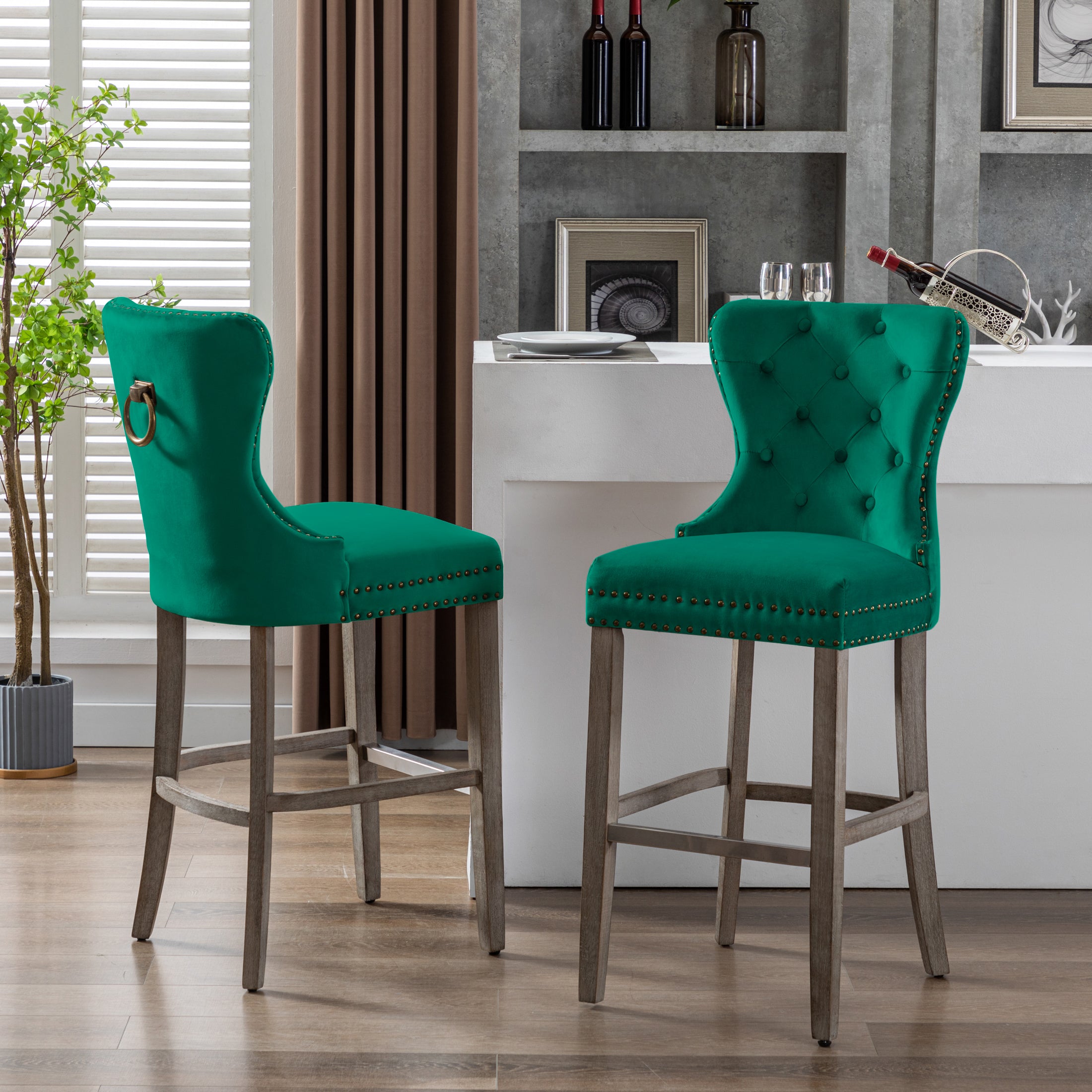 Hank 29" Tufted Velvet Bar Stool (Set of 2), Antique Gray