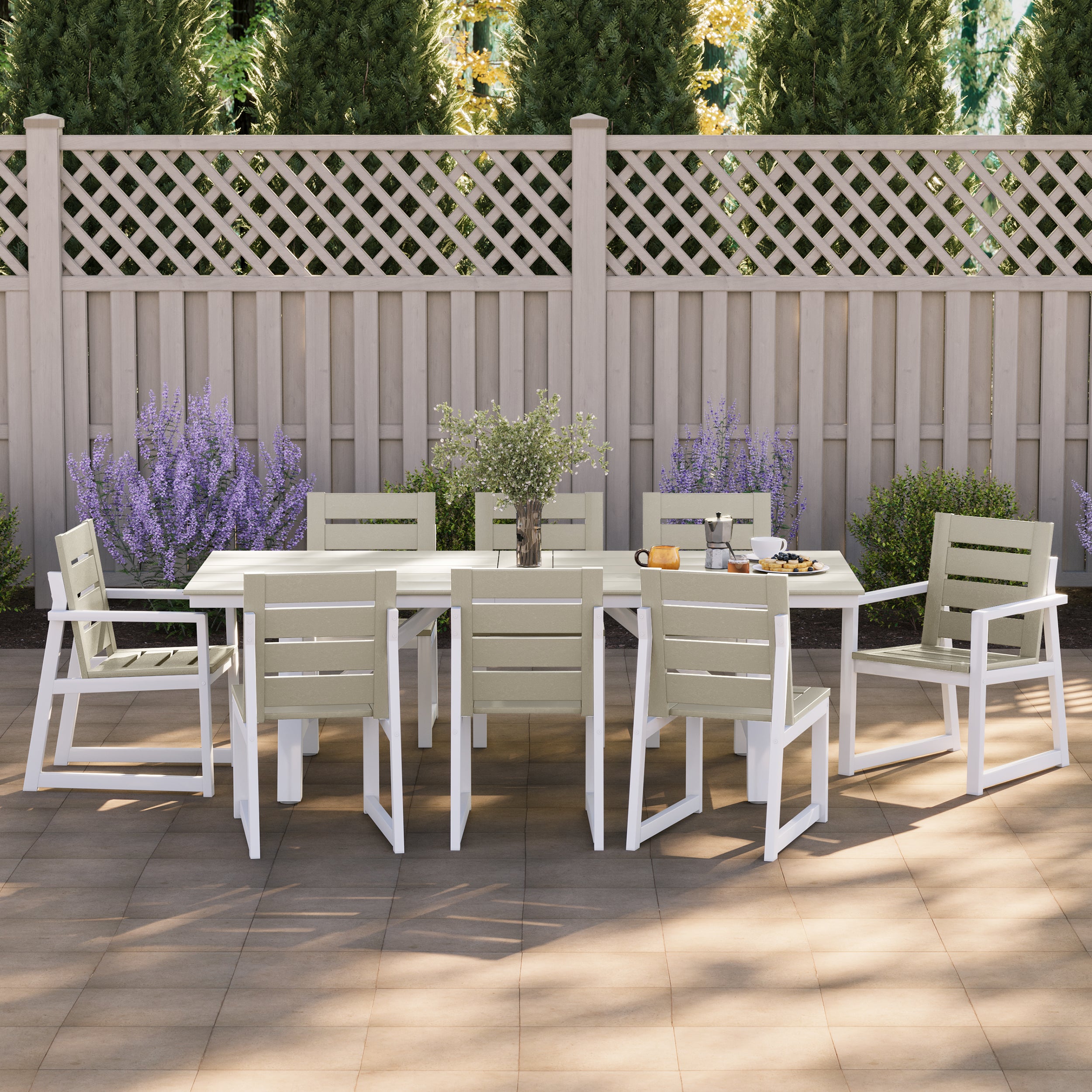 Stinson 9-Piece HDPE Outdoor Furniture Patio Dining Table With Umbrella Hole and Chairs Set For 8