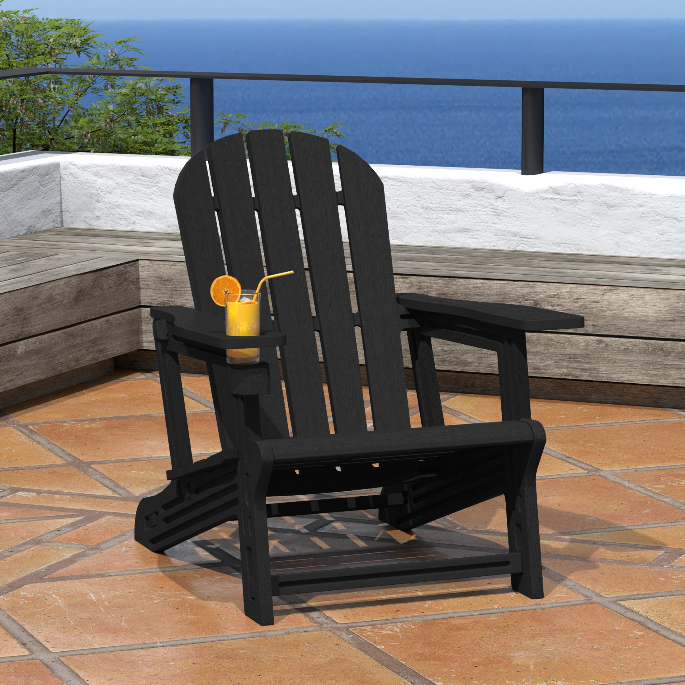 Cayman Tool-Free Assembly Outdoor Patio HDPE Plastic Adirondack Chair with Cup Holder