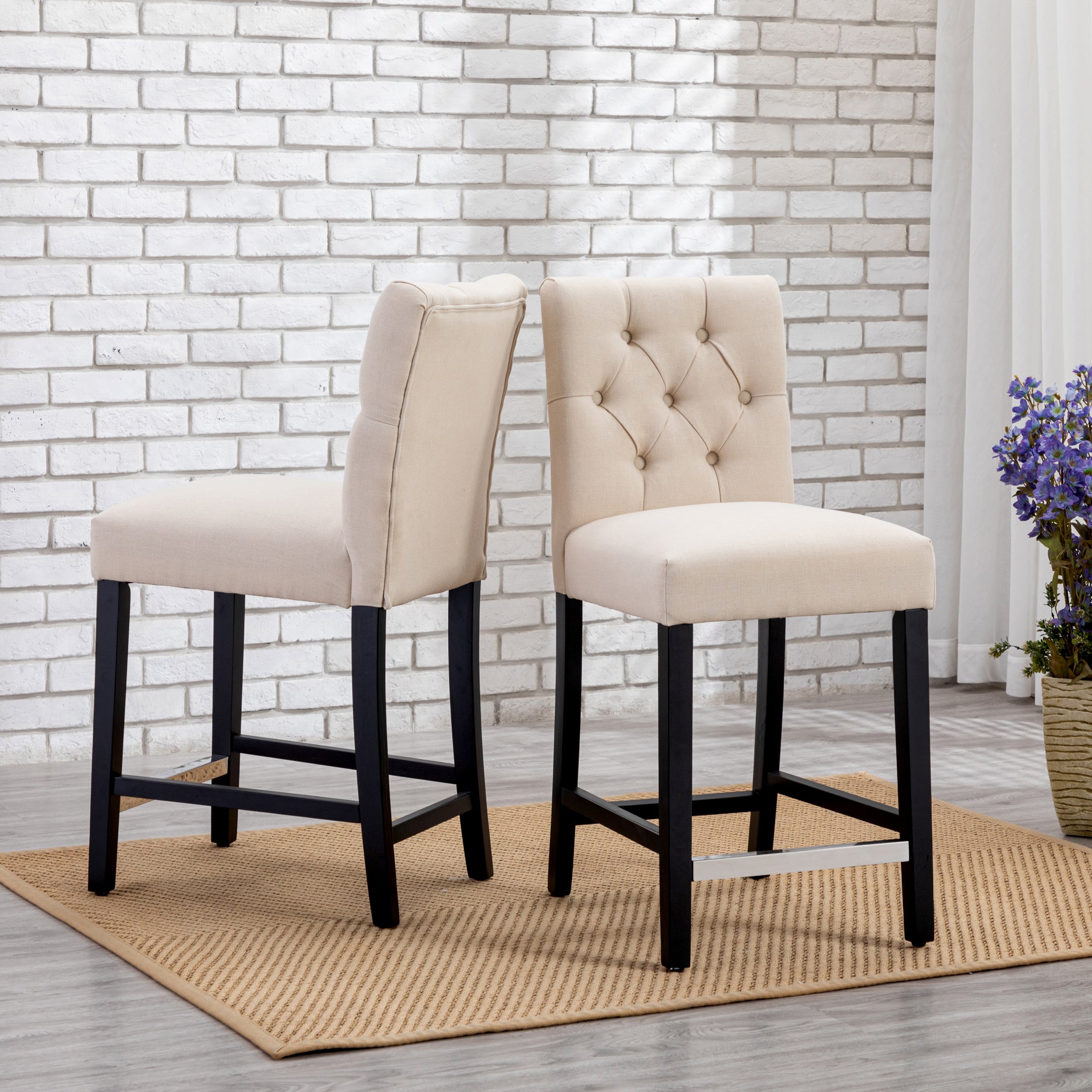 Bellmount 24" Linen Fabric Tufted Bar Stool (Set of 2),Black