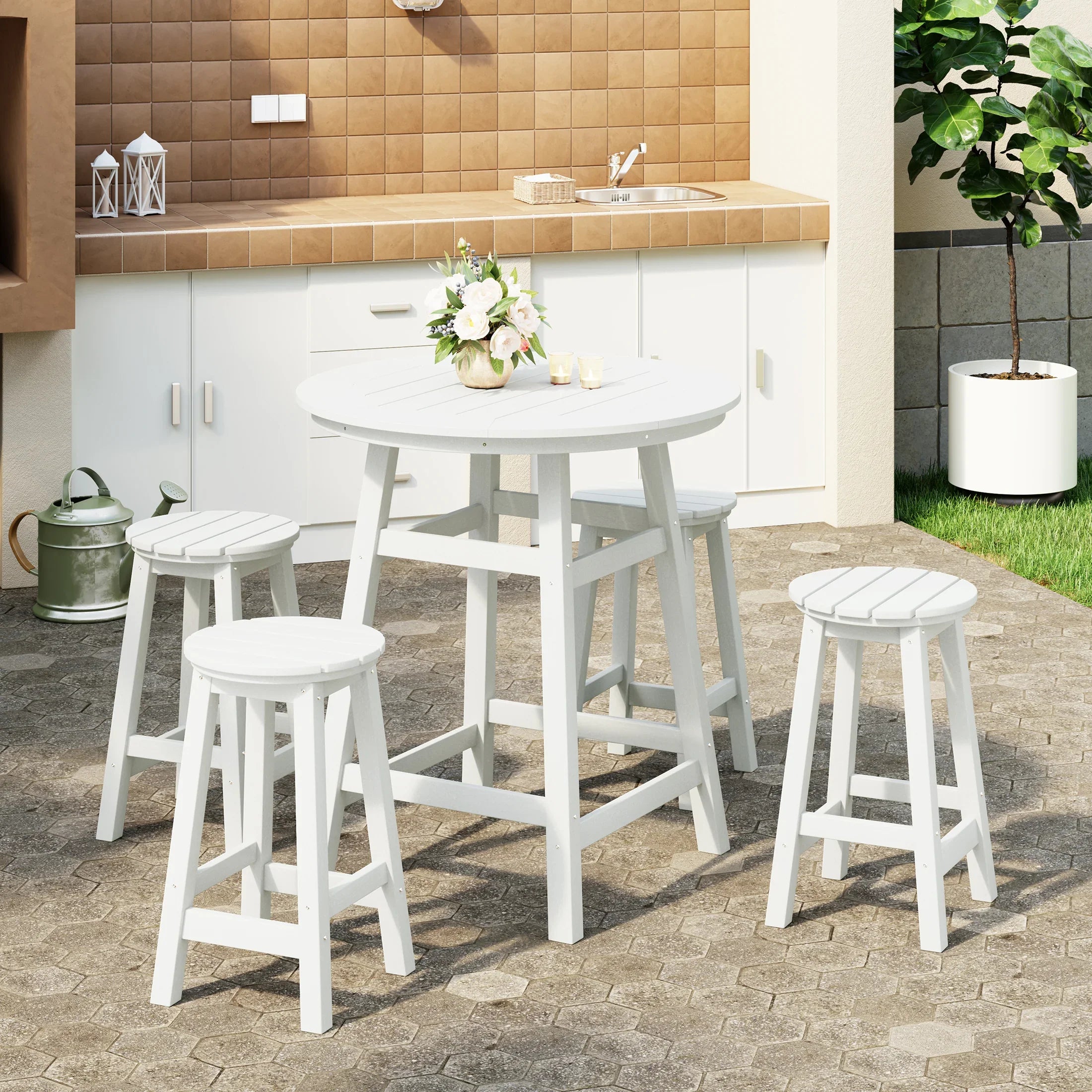 Paradise 5-Piece HDPE Outdoor Patio Dining Bar Bistro Table Set with Counter High Round Bar Stools