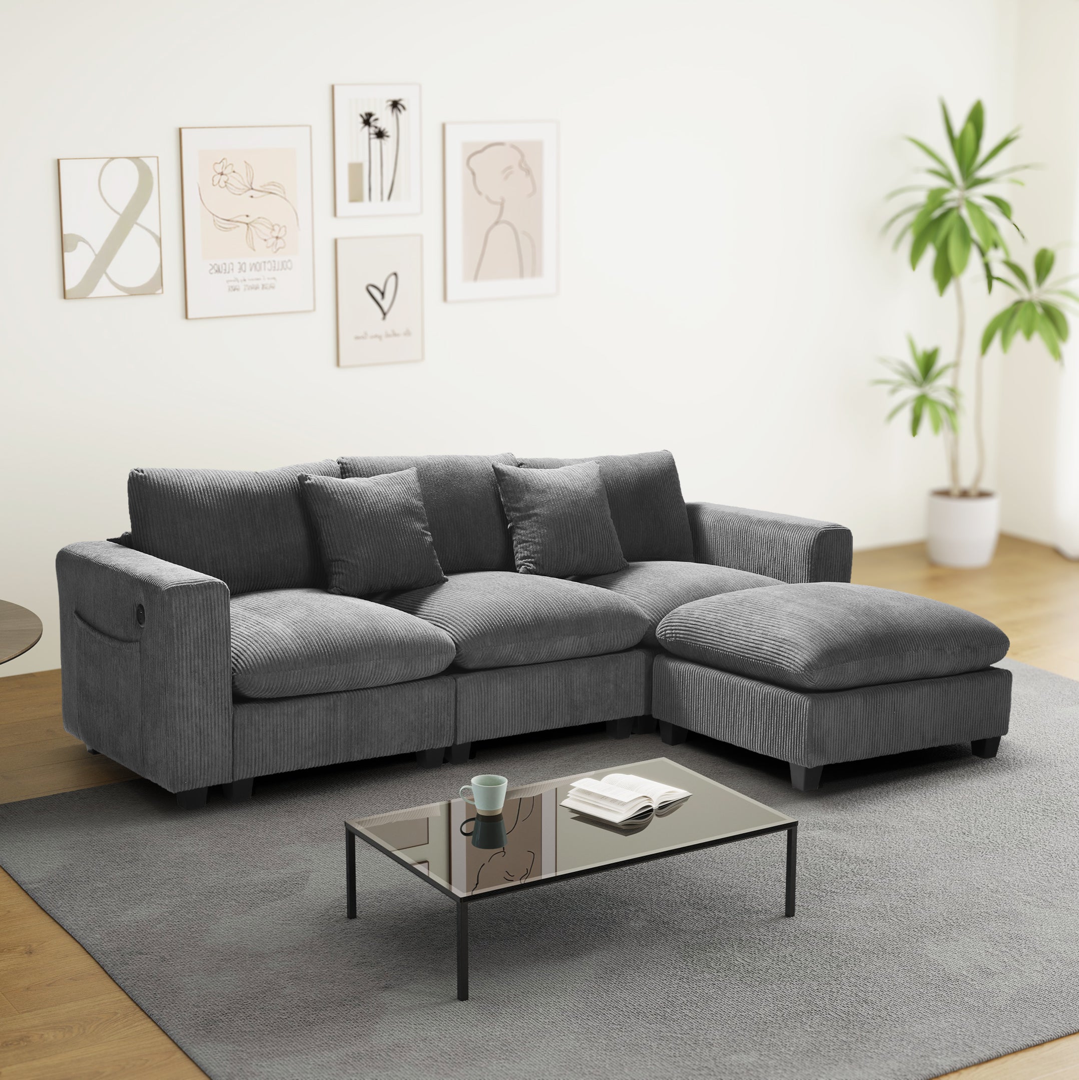 Ava 99" Modular Corduroy L-Shaped Sectional Sofa and Chaise With USB/Type-C Ports and Side Pockets