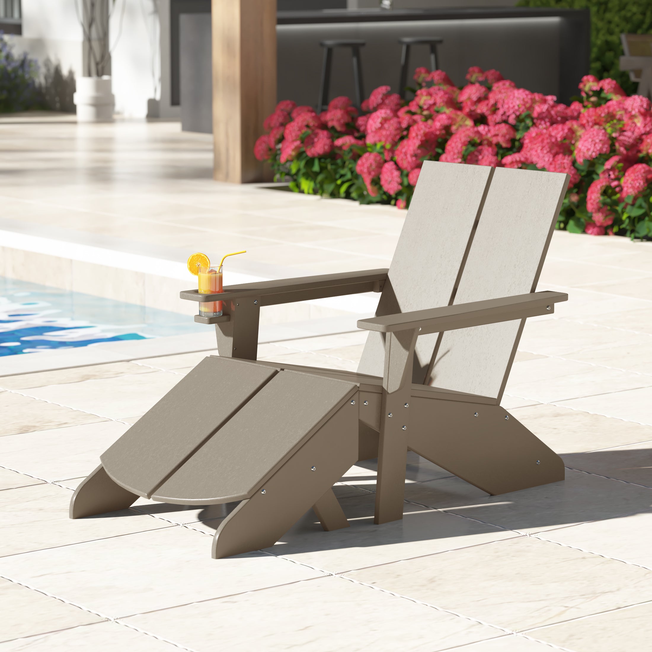 Seaview Outdoor HDPE Modern Adirondack Chair with Folding Patio Ottoman and Cup Holder