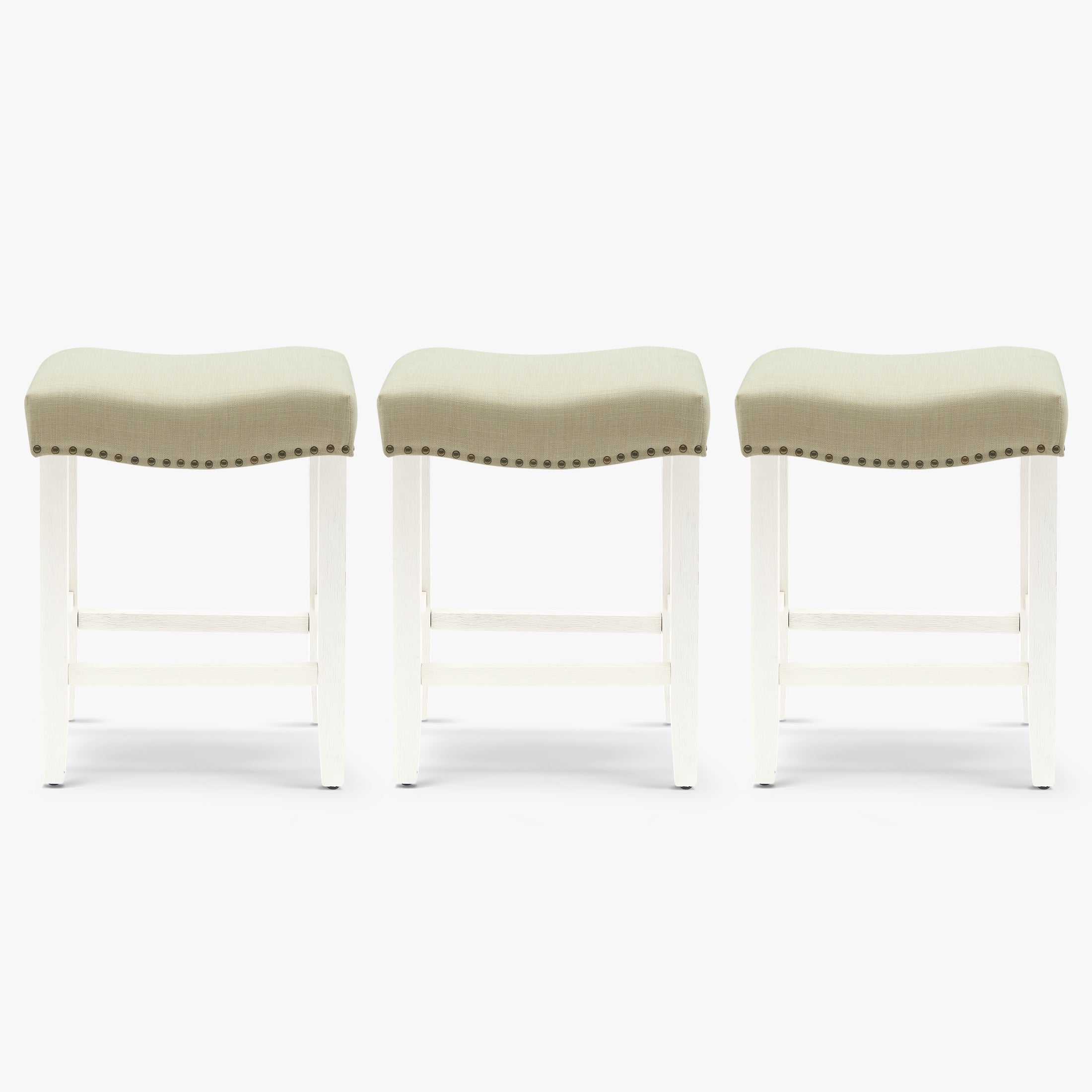 Bulmon 24" Upholstered Saddle Seat Antique White Counter Stool (Set of 3)