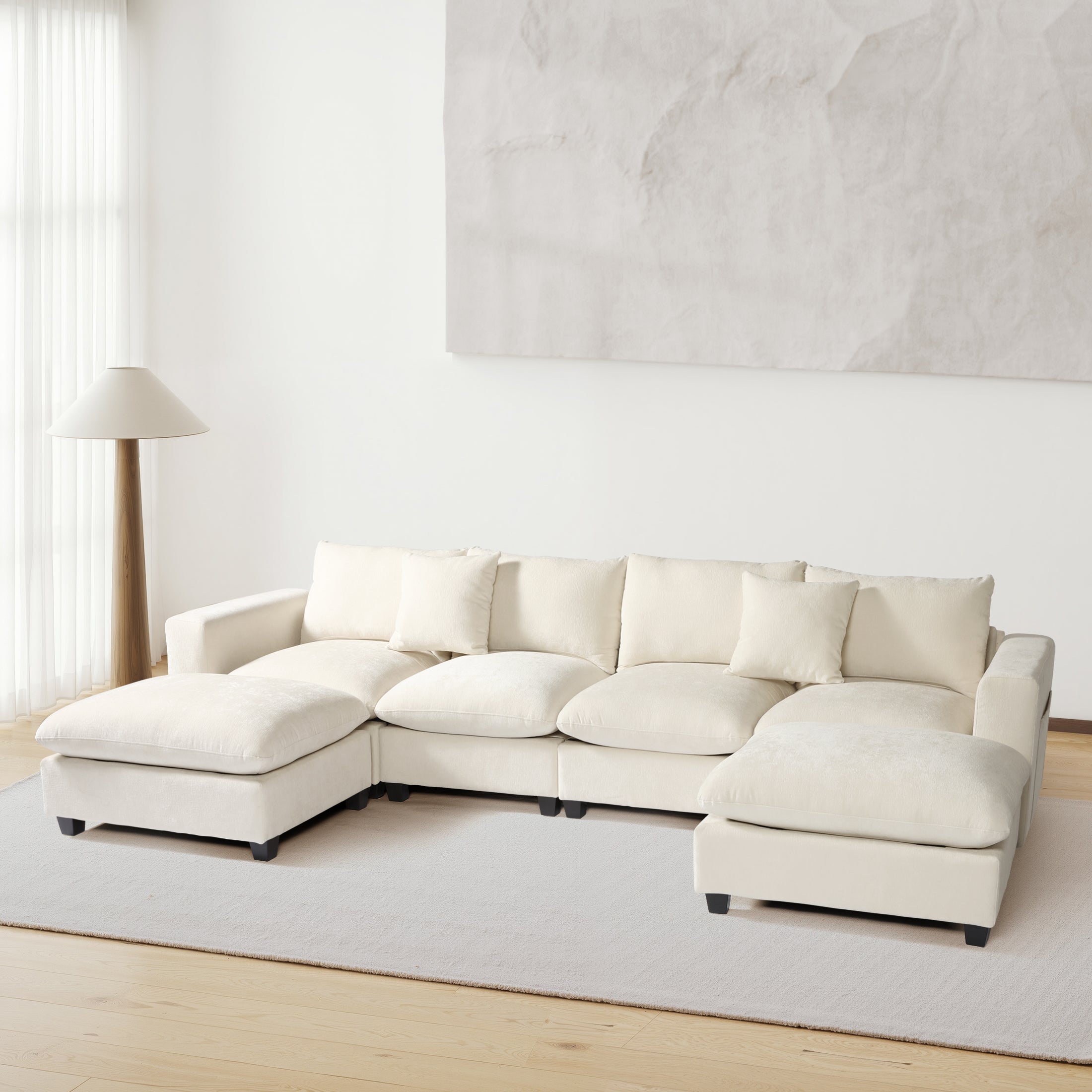 Springfield 128" Chenille Modular U-Shaped Sectional Couch and Chaise With USB/Type-C Ports and Side Pockets