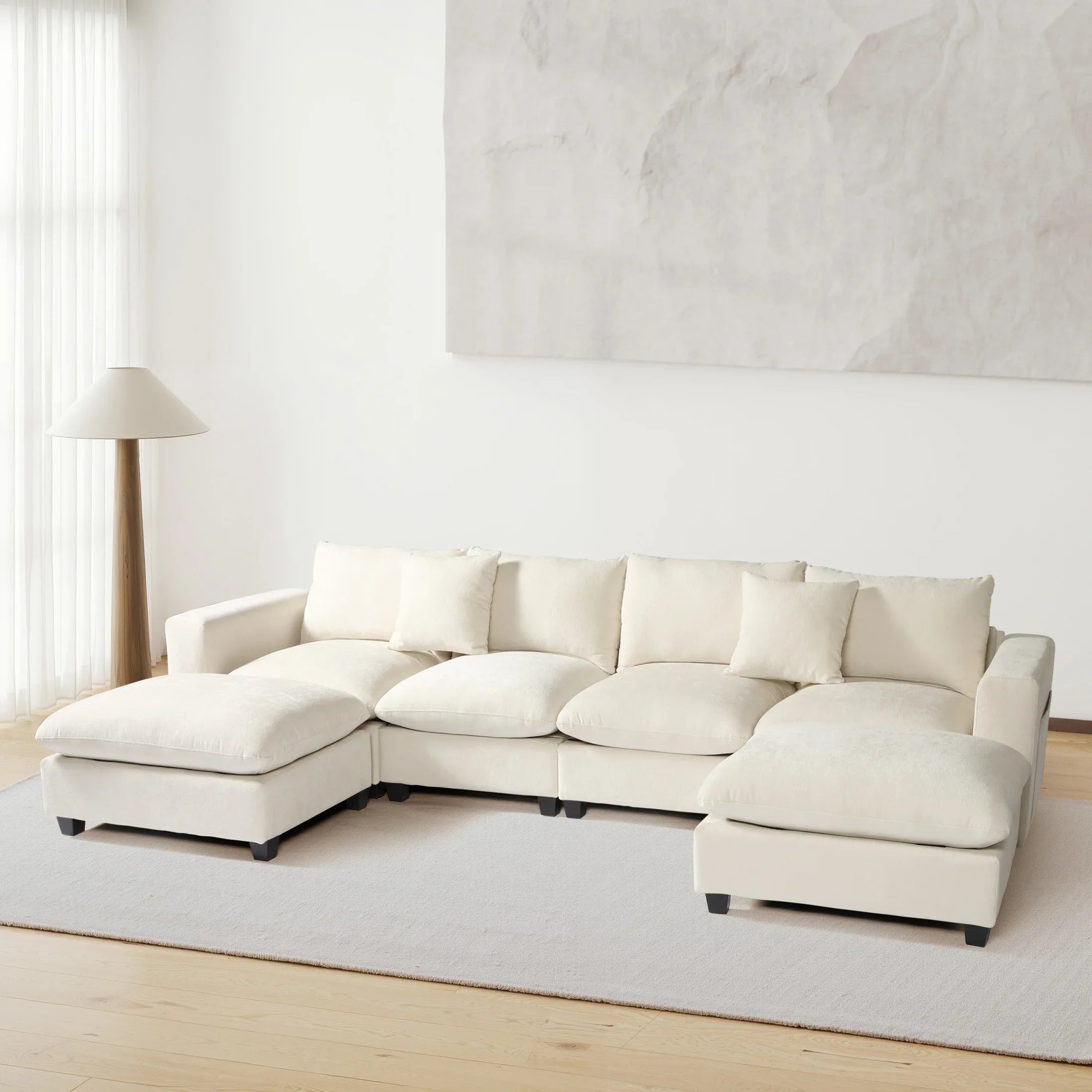Springfield 128" Chenille Modular U-Shaped Sectional Couch and Chaise With USB/Type-C Ports and Side Pockets