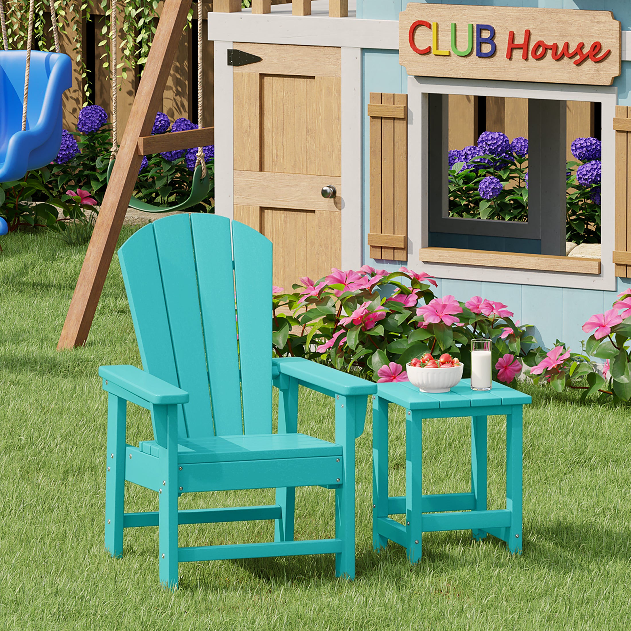 Paradise 2-Piece Kids Outdoor HDPE Adirondack Chair With Square Side Table Set