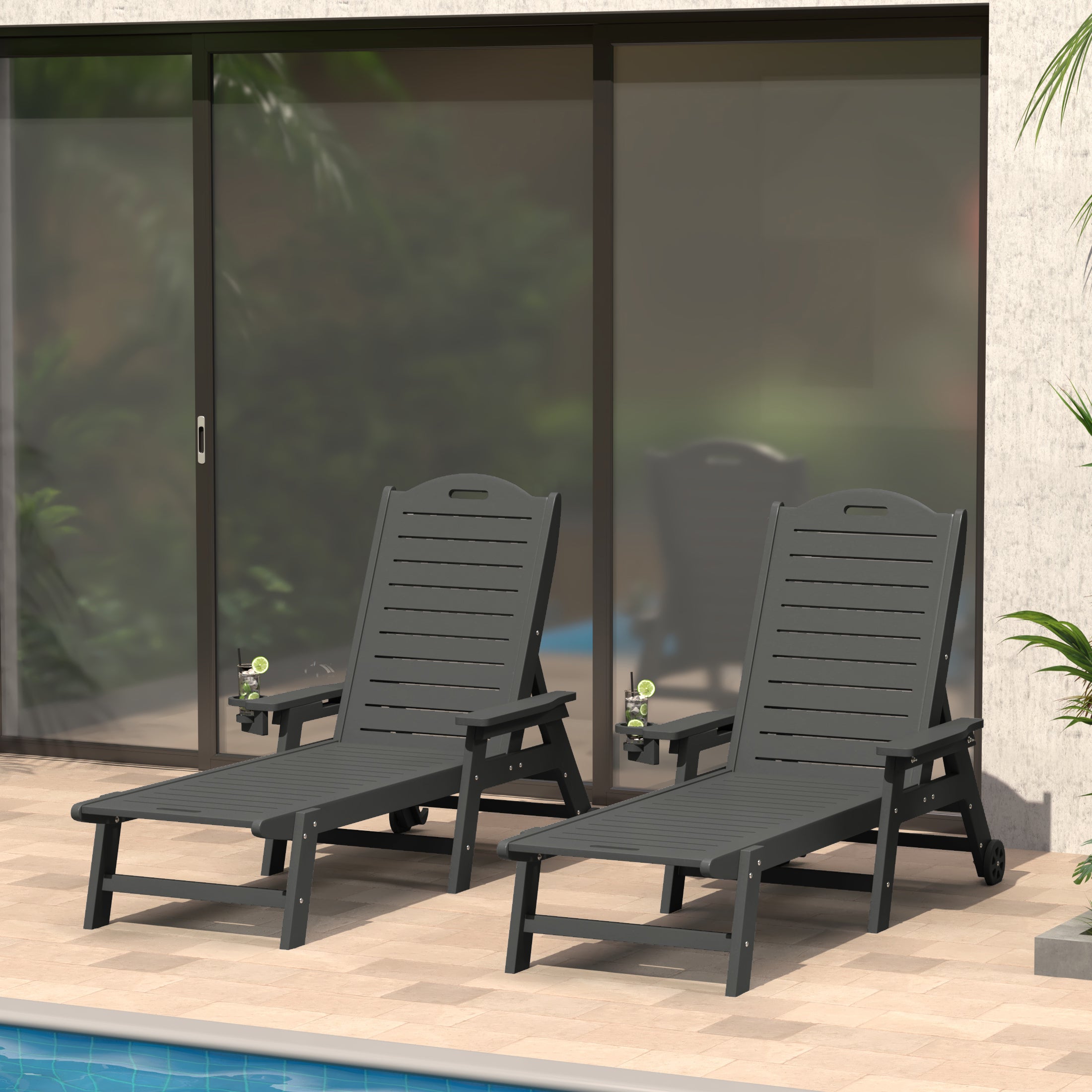 Lago Outdoor HDPE Patio Chaise Lounges With Wheels & Cup Holder (Set of 2)