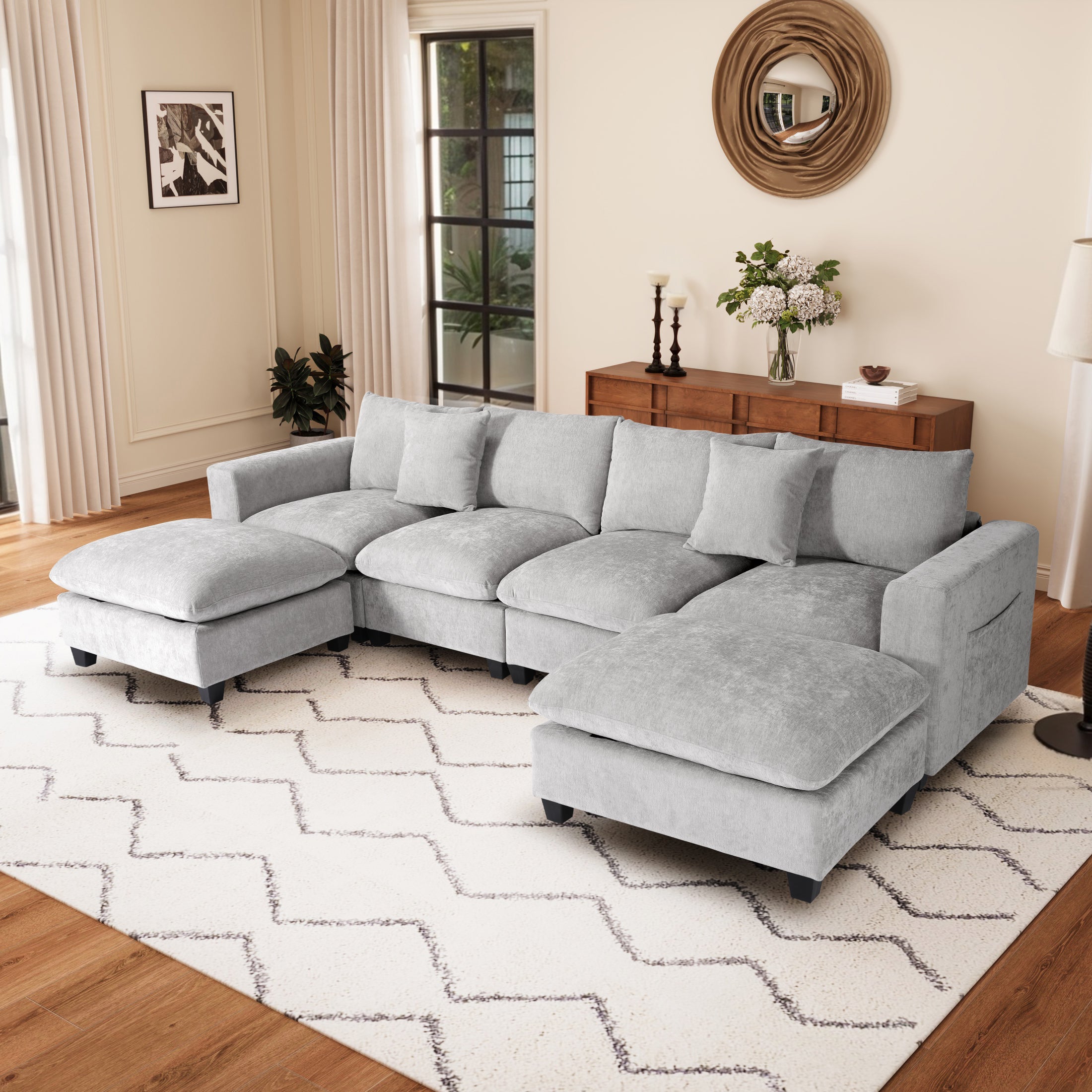 Springfield 128" Chenille Modular U-Shaped Sectional Couch and Chaise With USB/Type-C Ports and Side Pockets