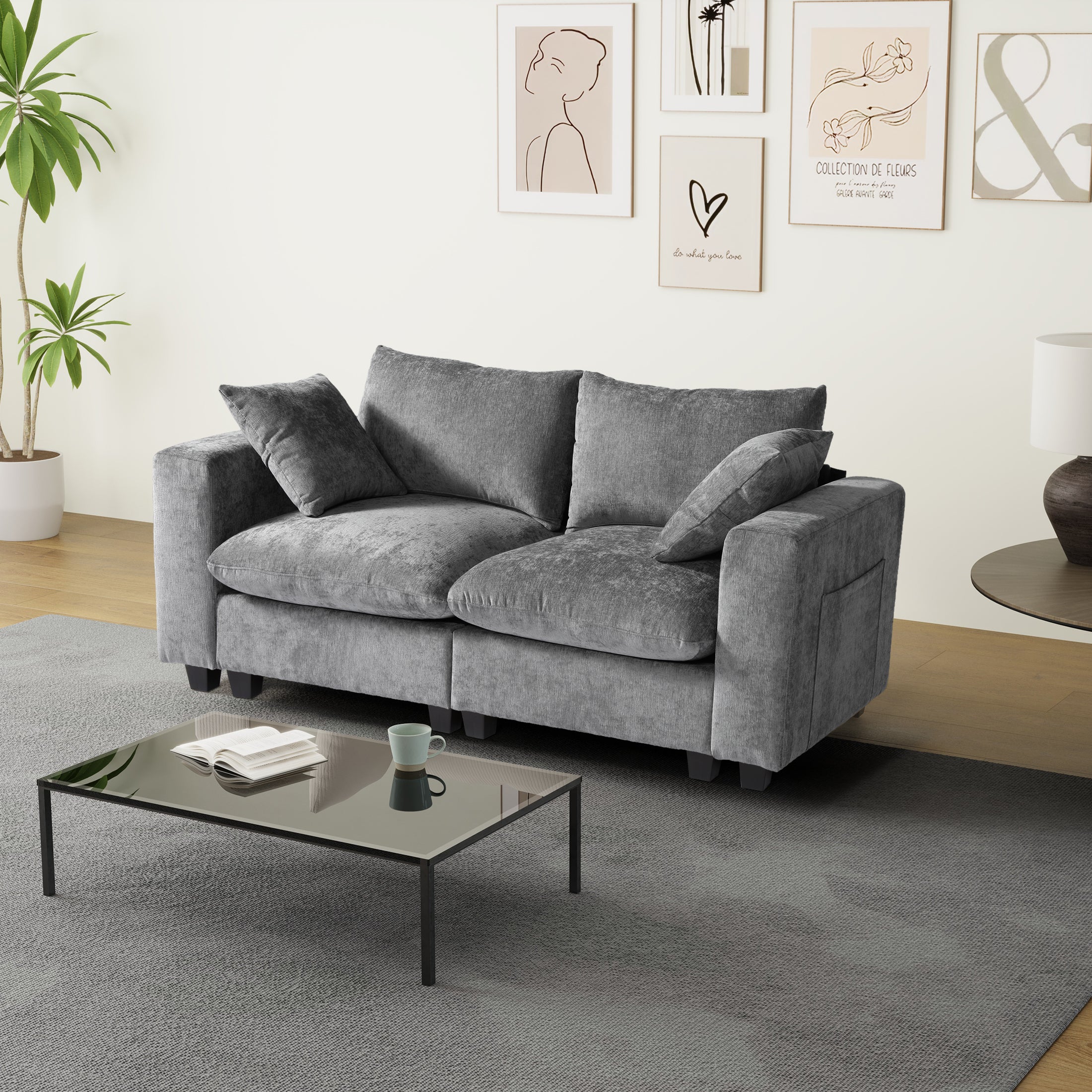 Springfield 70" Modular Chenille Loveseat Sofa With USB/Type-C Ports and Side Pockets