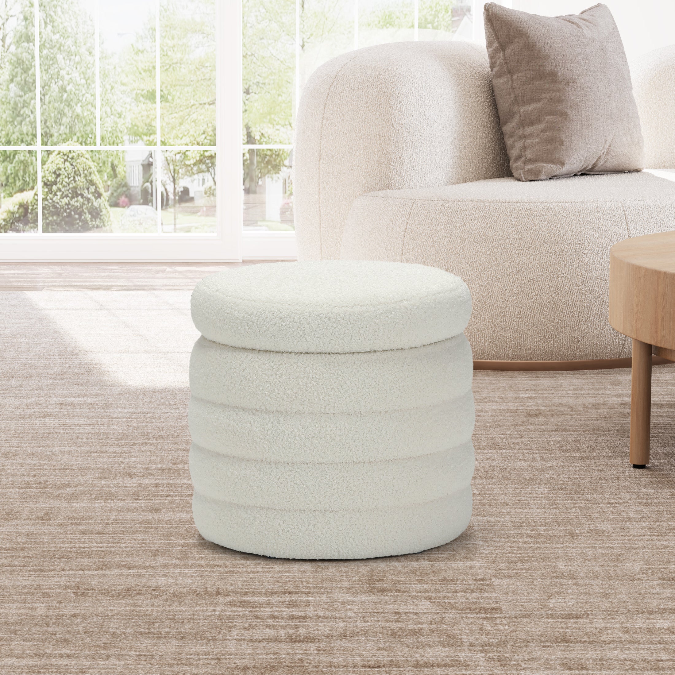 Celine Mid-Century Modern Faux Sherpa Round Storage Ottoman