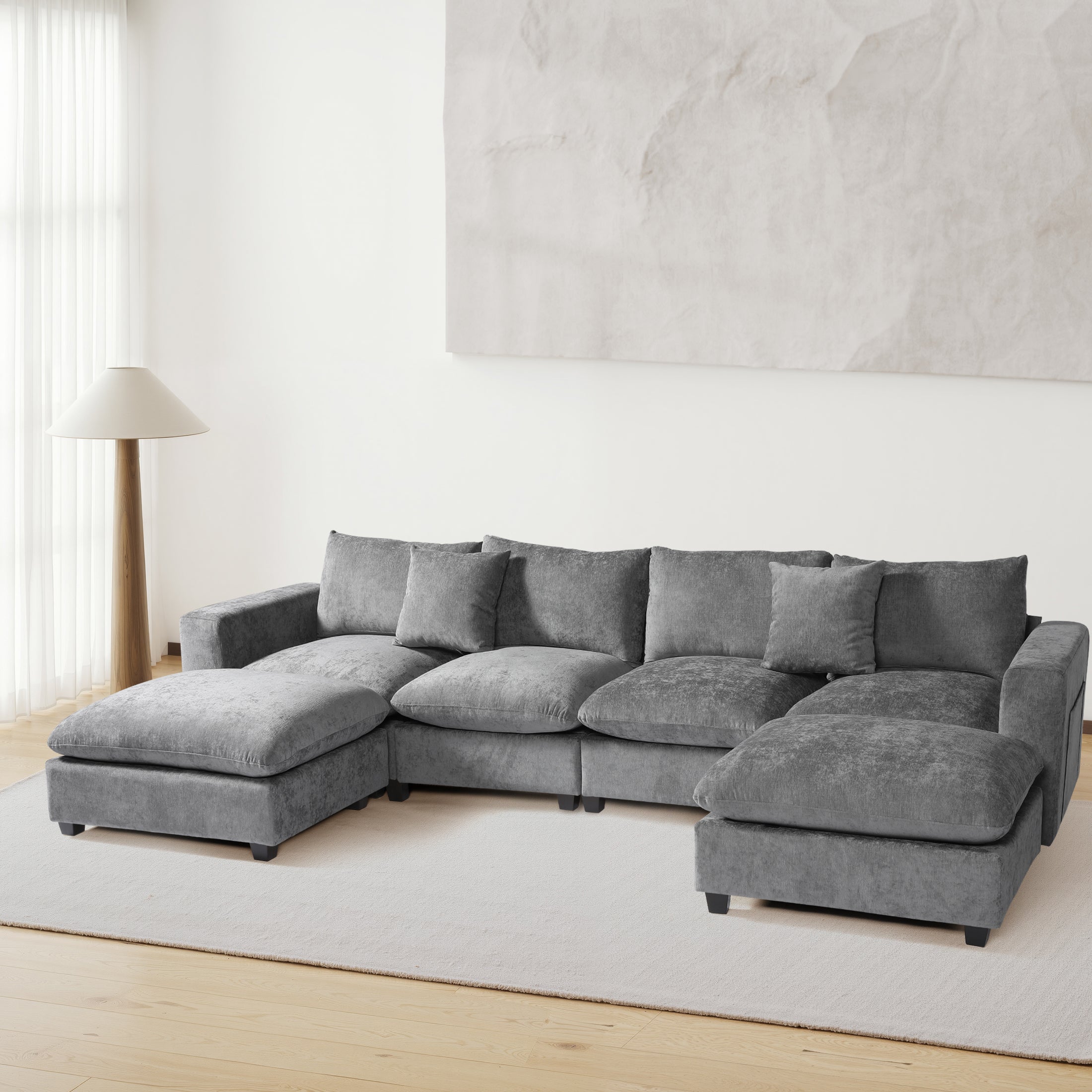 Springfield 128" Chenille Modular U-Shaped Sectional Couch and Chaise With USB/Type-C Ports and Side Pockets