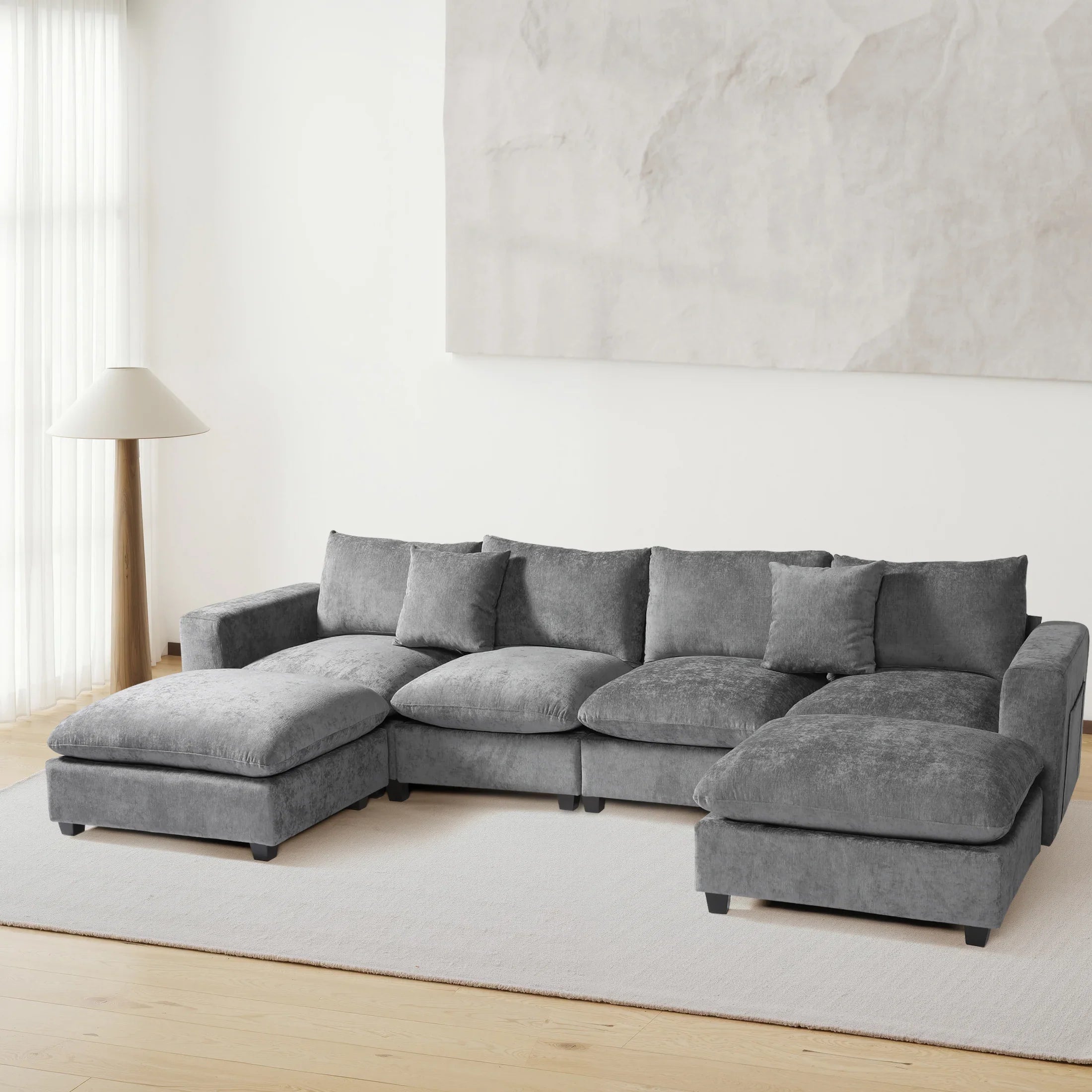 Springfield 128" Chenille Modular U-Shaped Sectional Couch and Chaise With USB/Type-C Ports and Side Pockets