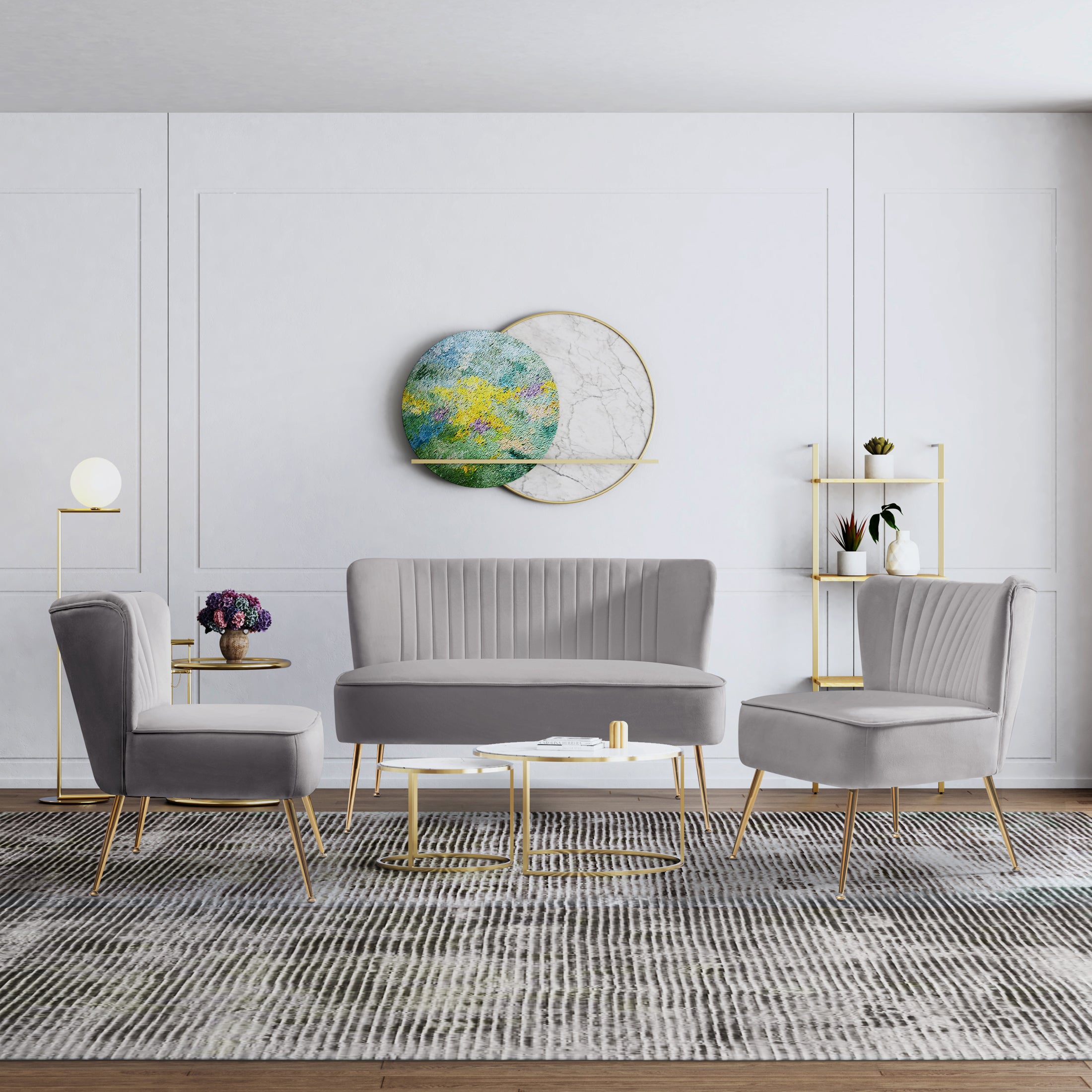 Alaia Mid Century Modern Tufted Velvet Loveseat Sofa and 25" Accent Chair 3-Piece Set