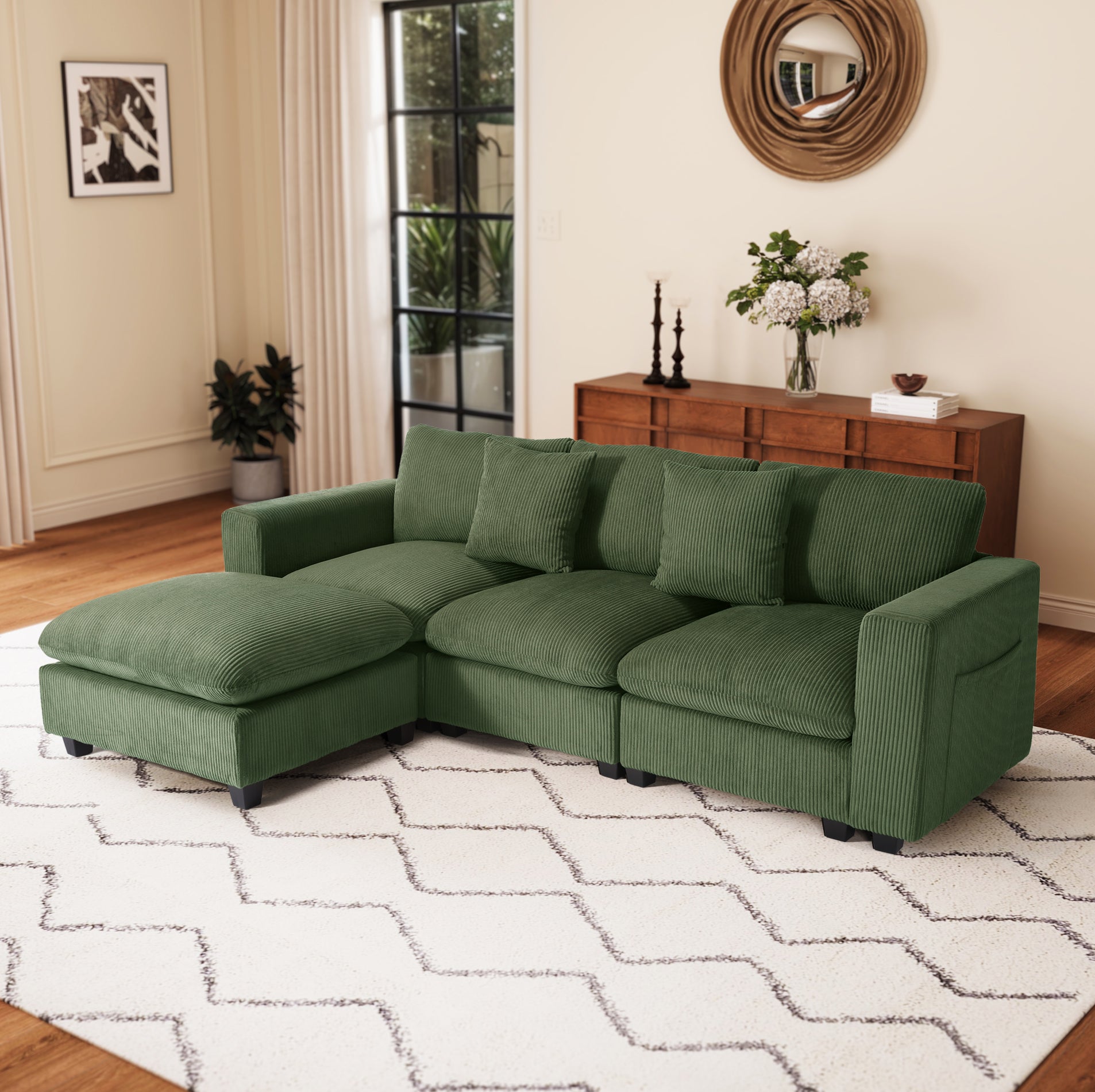 Ava 99" Modular Corduroy L-Shaped Sectional Sofa and Chaise With USB/Type-C Ports and Side Pockets