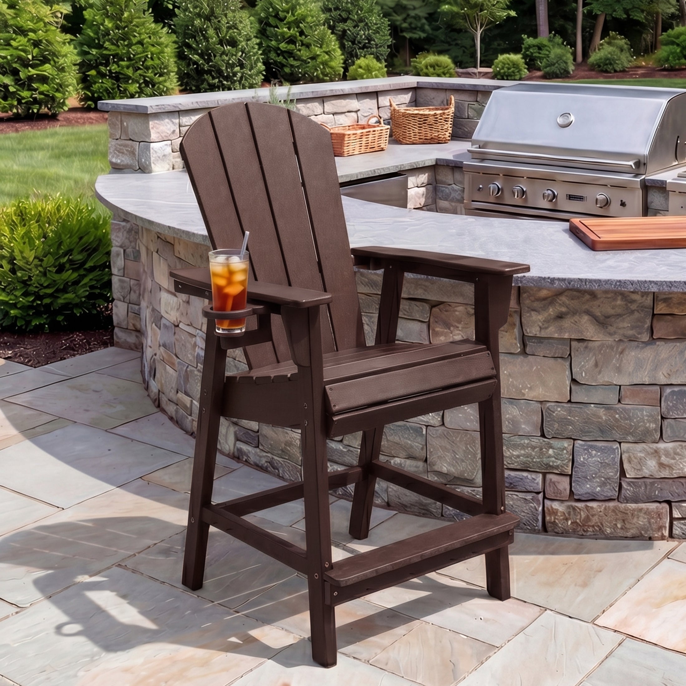Paradise Outdoor HDPE Tall Adirondack Counter Height Bar Chair With Cup Holder