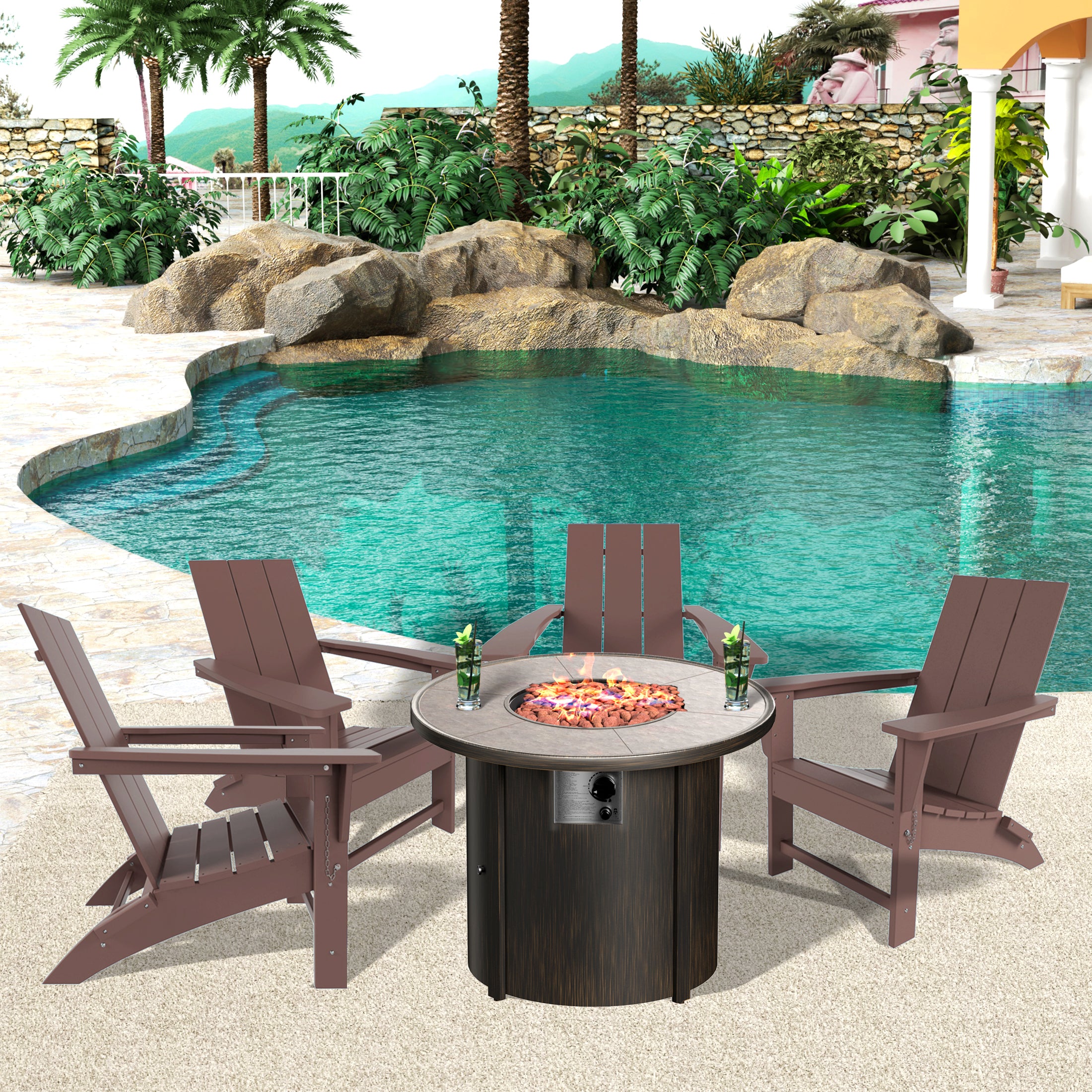 Palms Modern Folding Poly Adirondack Chair With Round Fire Pit Table
