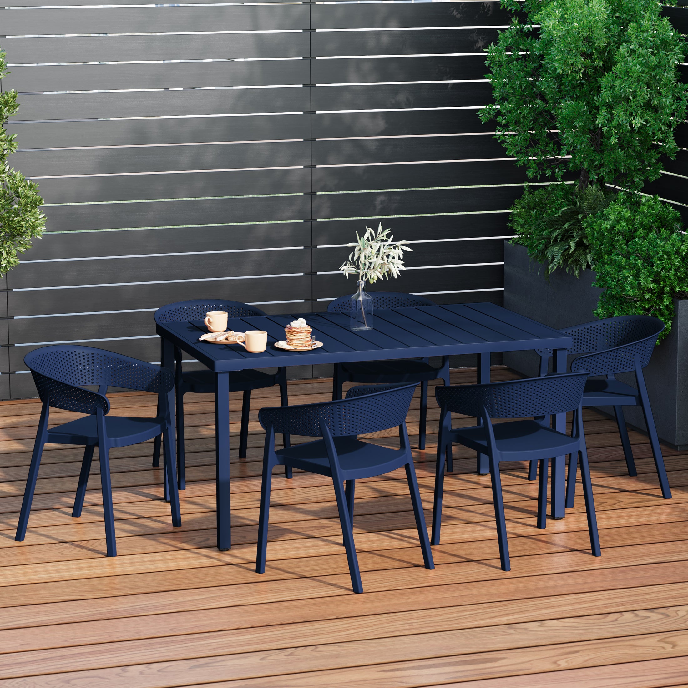 Sunshine 7-Piece Outdoor Metal Rectangle Patio Dining Table Set With Stackable Patio Dining Chairs