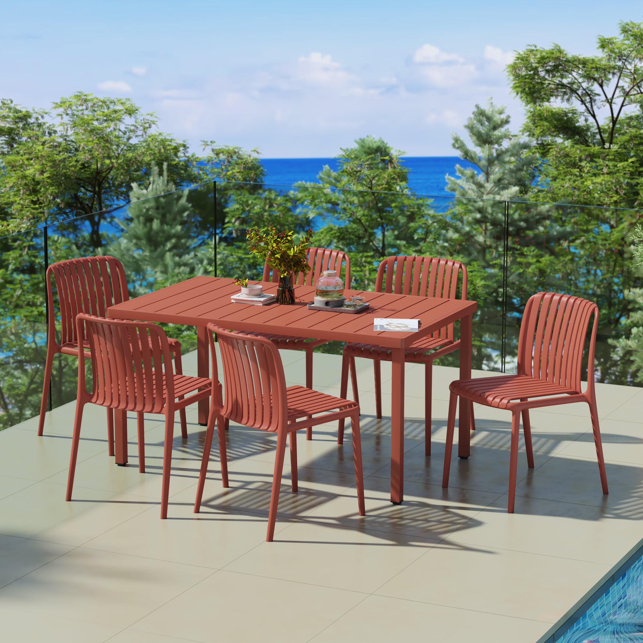 Sunshine 7-Piece Outdoor Patio Dining Table Set With Stackable Patio Chairs