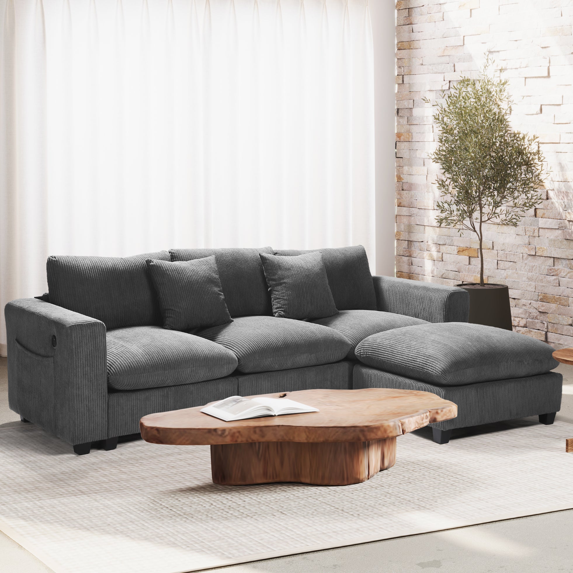 Ava 99" Modular Corduroy L-Shaped Sectional Sofa and Chaise With USB/Type-C Ports and Side Pockets