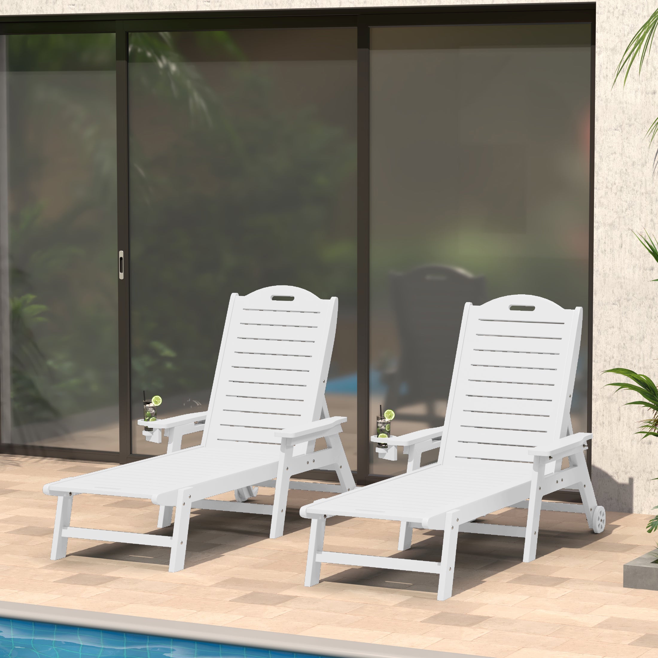 Lago Outdoor HDPE Patio Chaise Lounges With Wheels & Cup Holder (Set of 2)