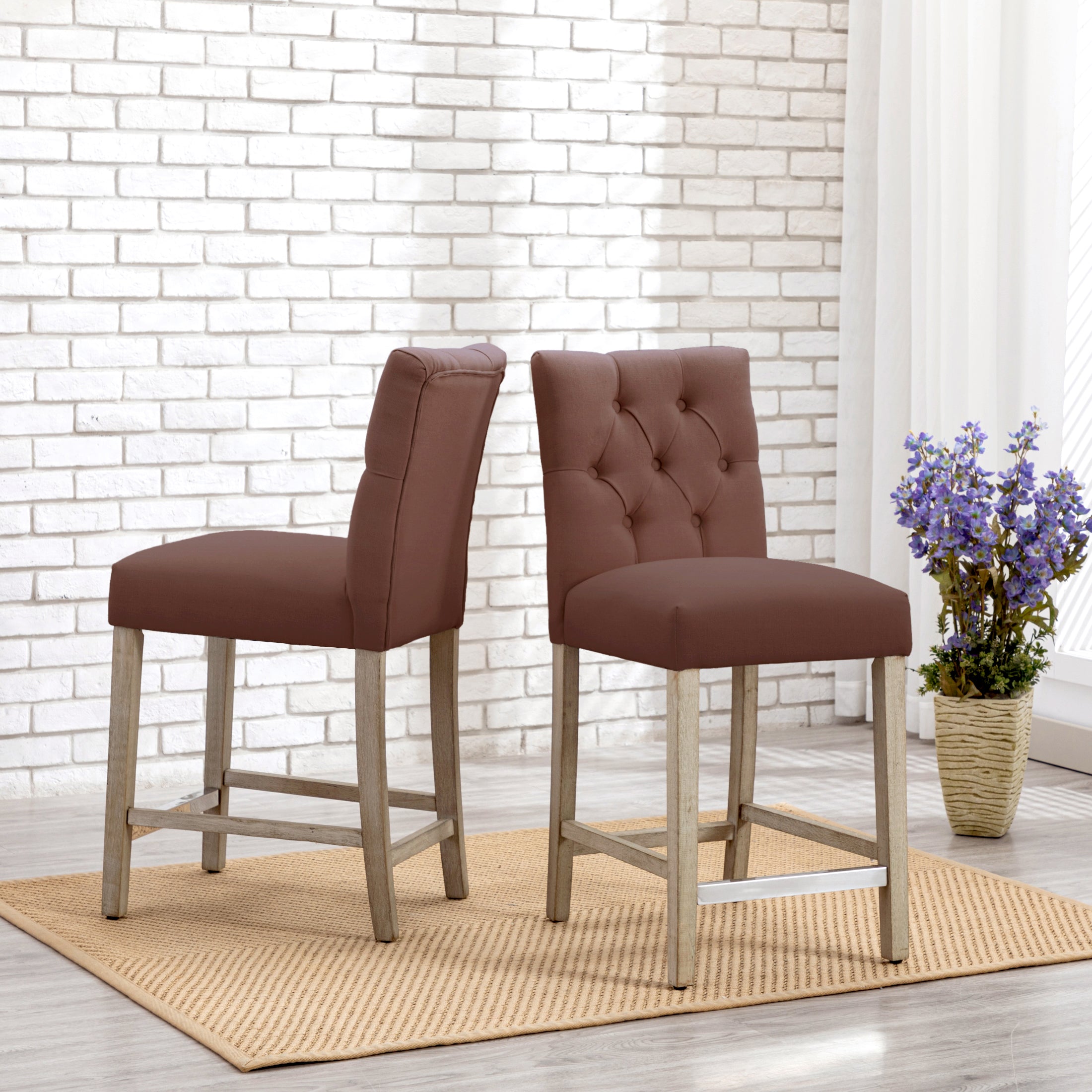 Bellmount 24" Linen Fabric Tufted Counter Stool (Set of 2),Antique Gray