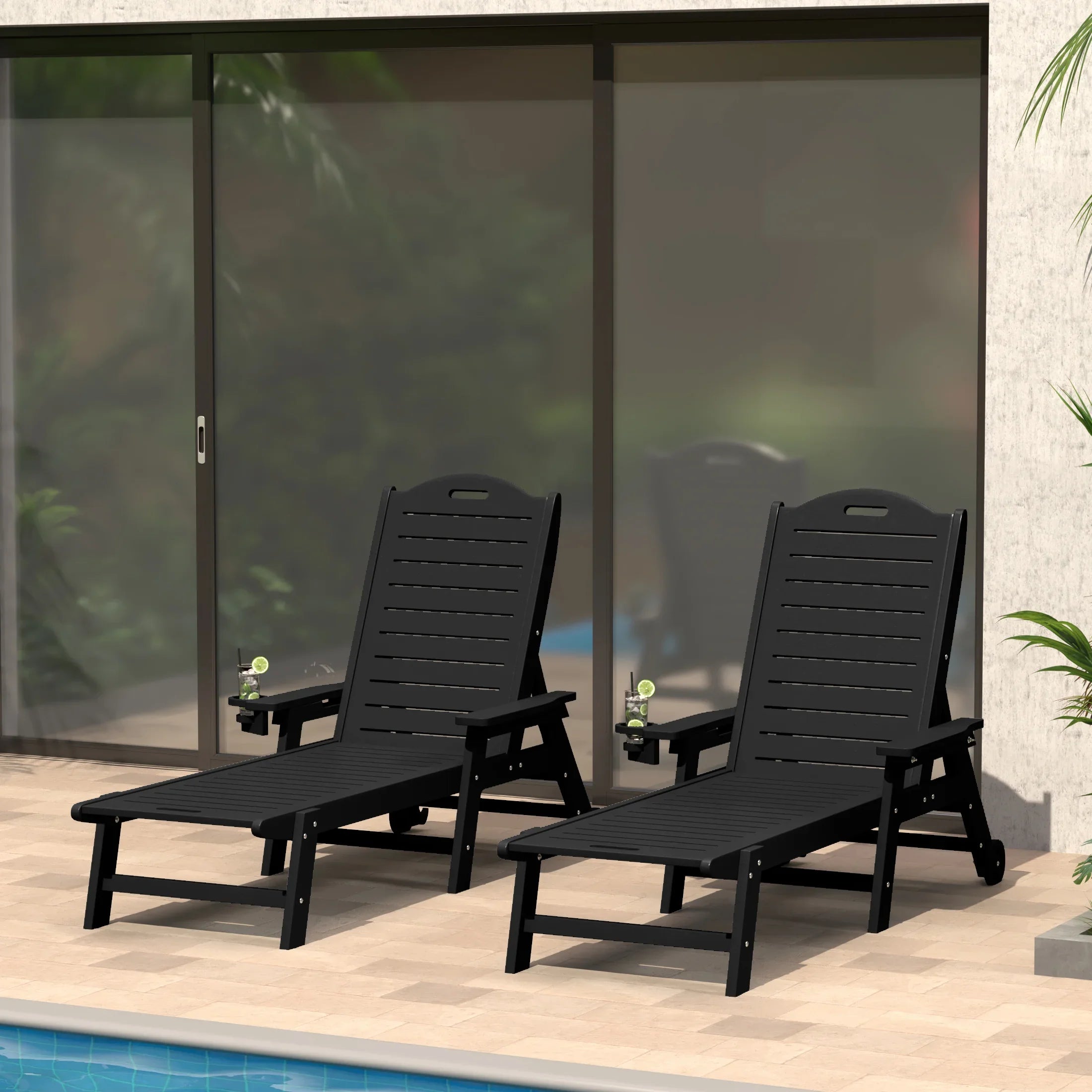 Lago Outdoor HDPE Patio Chaise Lounges With Wheels & Cup Holder (Set of 2)