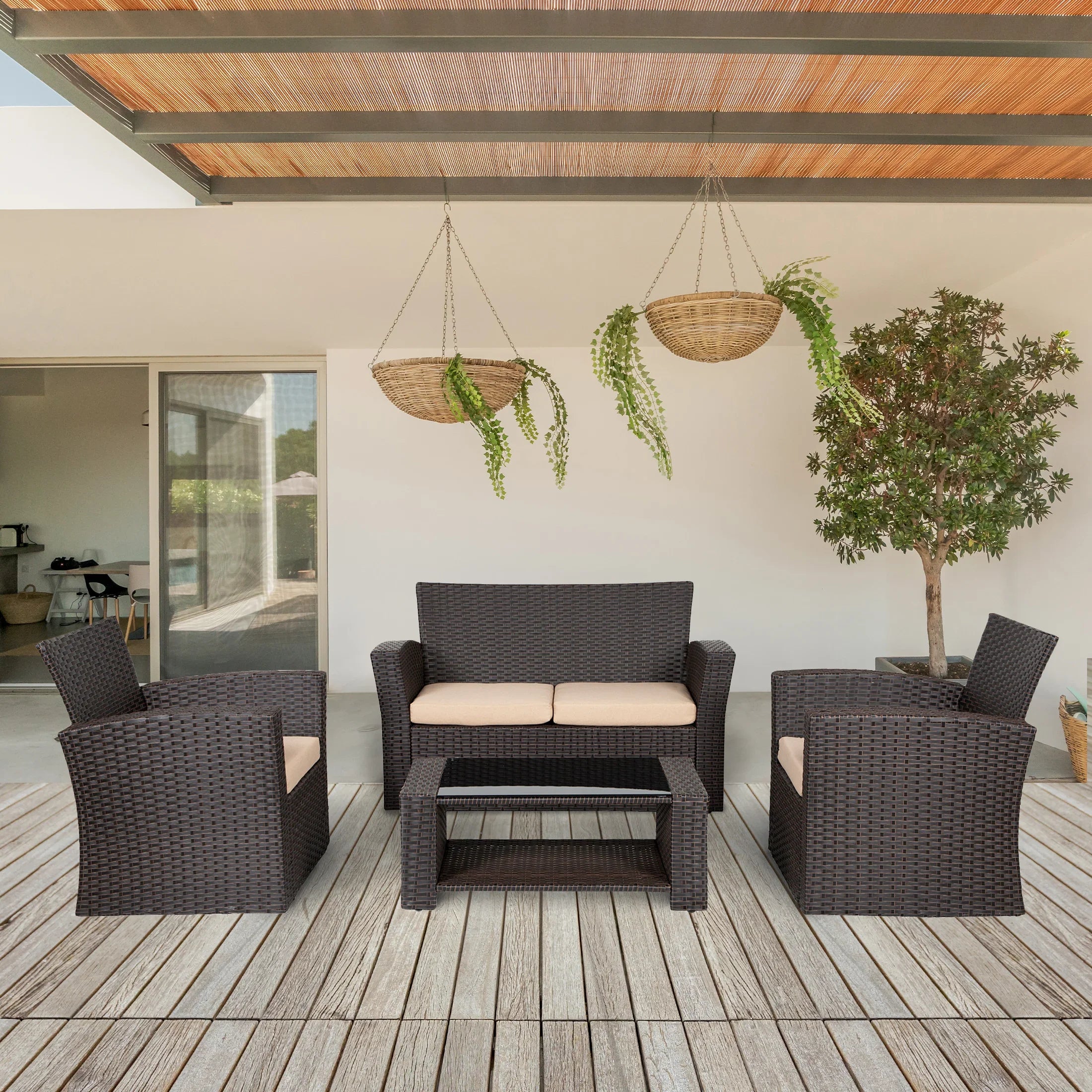 Wynston 4-Piece set Chocolate color base Outdoor / Patio Wicker Rattan Conversation Sofa set with cushions and a Coffee table ( 4 seater )