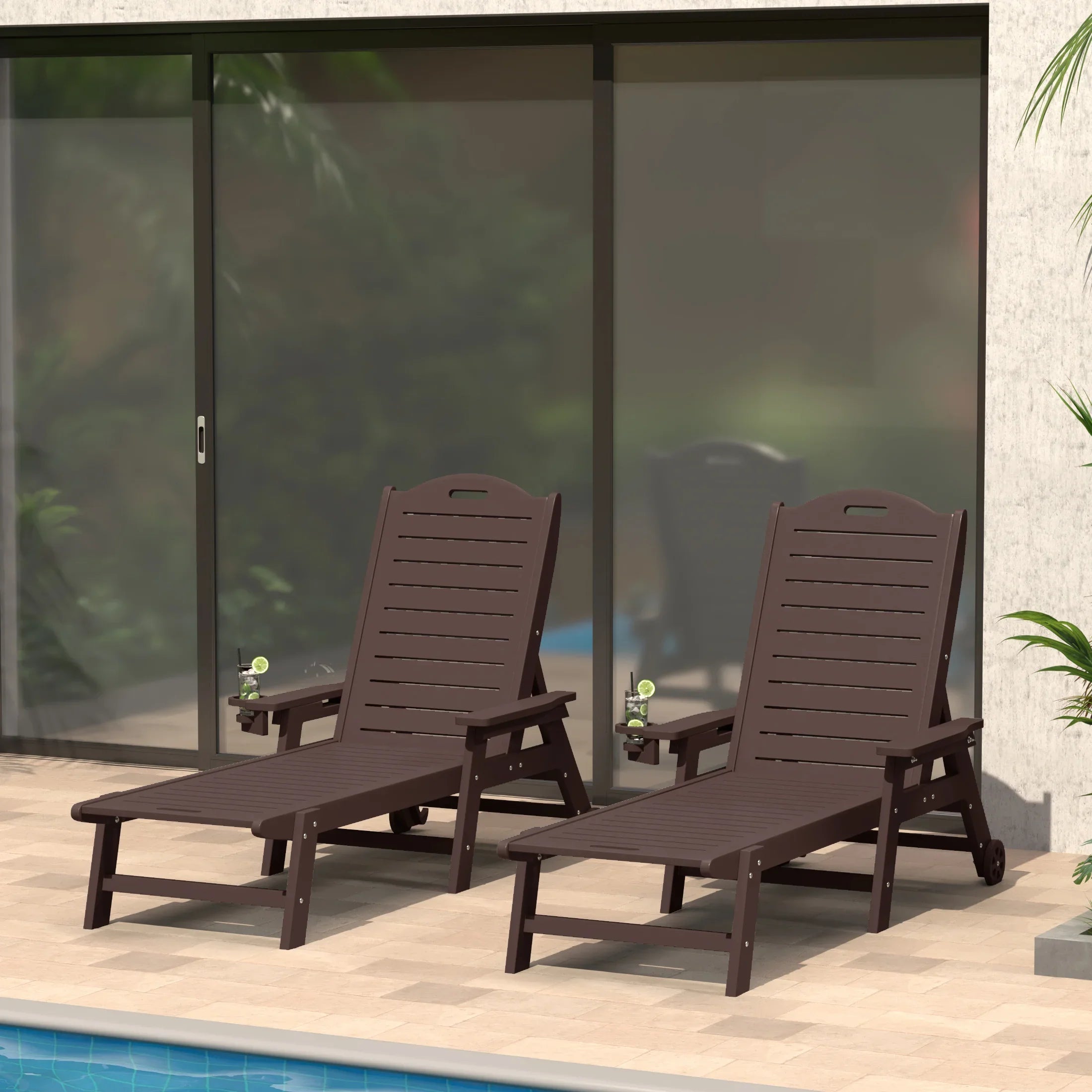Lago Outdoor HDPE Patio Chaise Lounges With Wheels & Cup Holder (Set of 2)