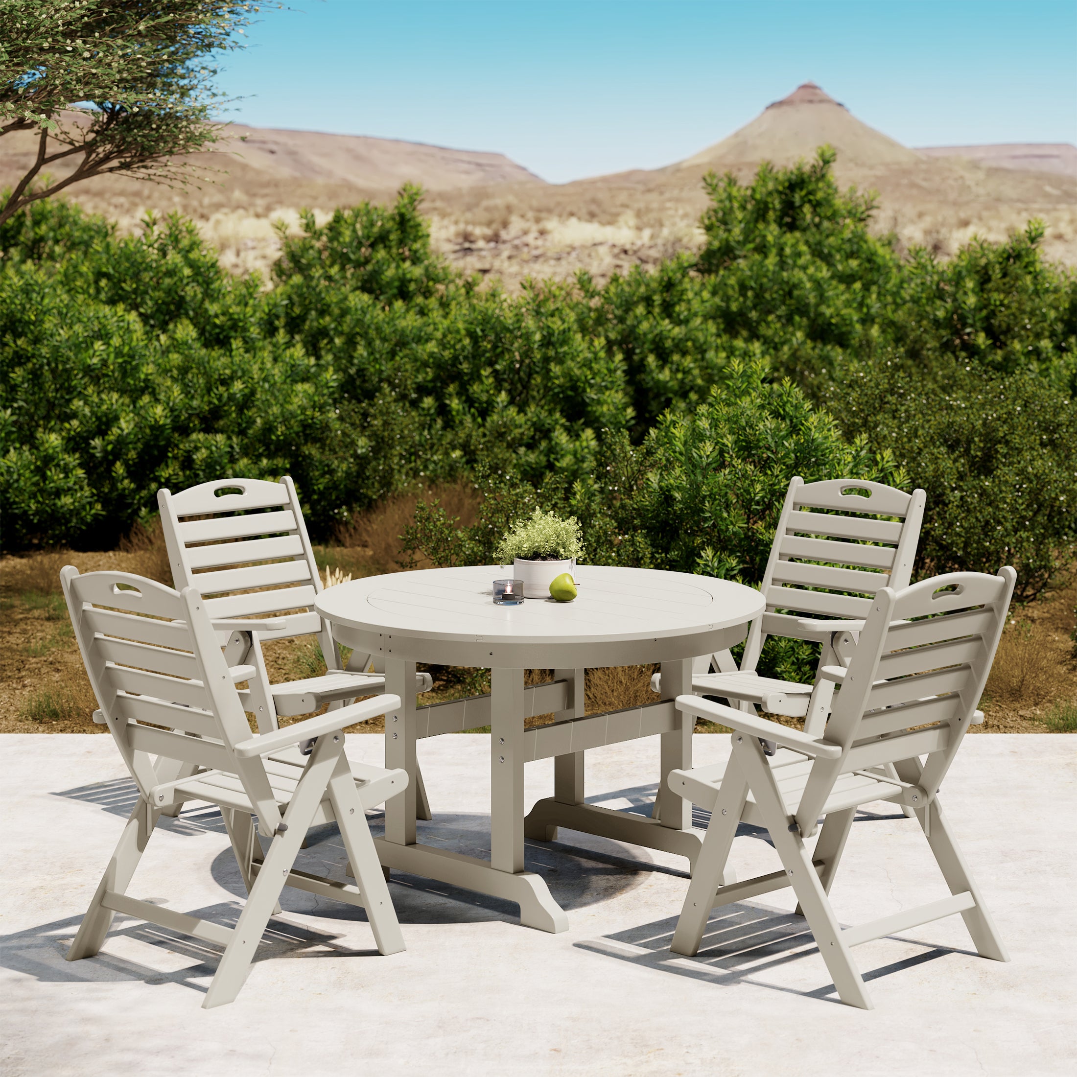 Paradise 5-Piece HDPE Round Patio Dining Table Set with Foldable Chairs
