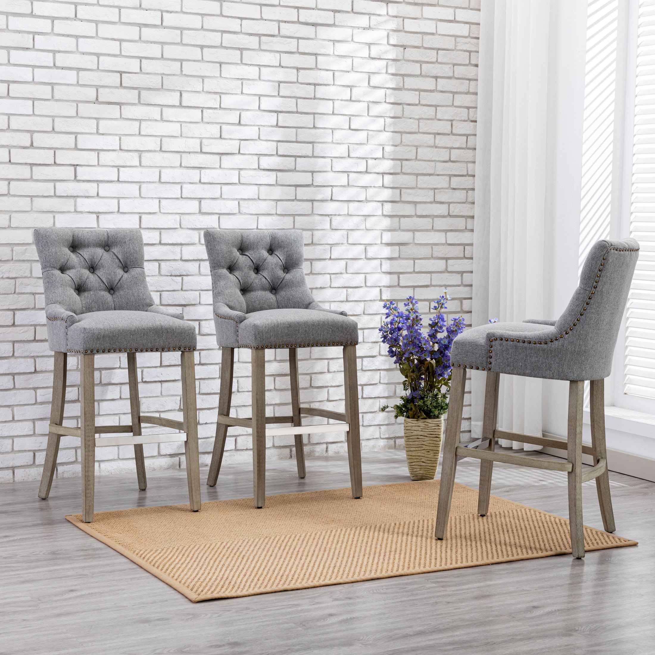 Bellmount 29" Upholstered Wood Bar Stool with Tufted Back (Set of 3)