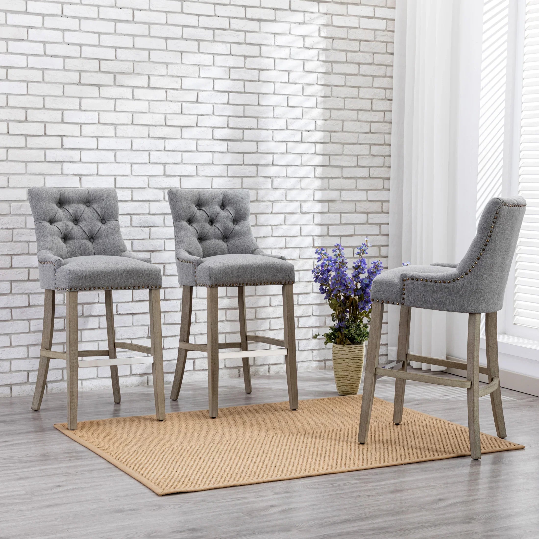 Bellmount 29" Upholstered Wood Bar Stool with Tufted Back (Set of 3)