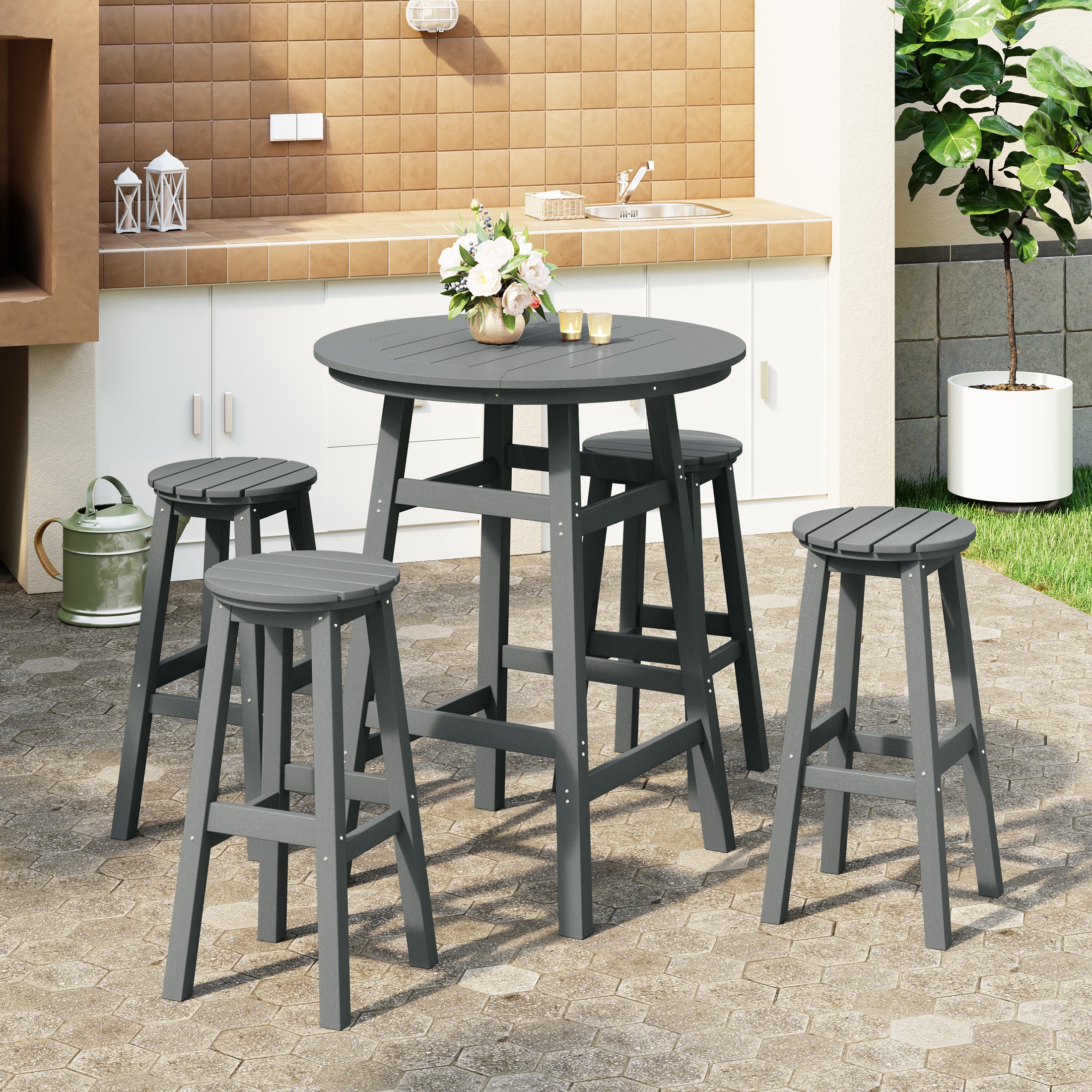 Paradise 5-Piece HDPE Outdoor Patio Dining Bar Bistro Table Set with Bar Stools