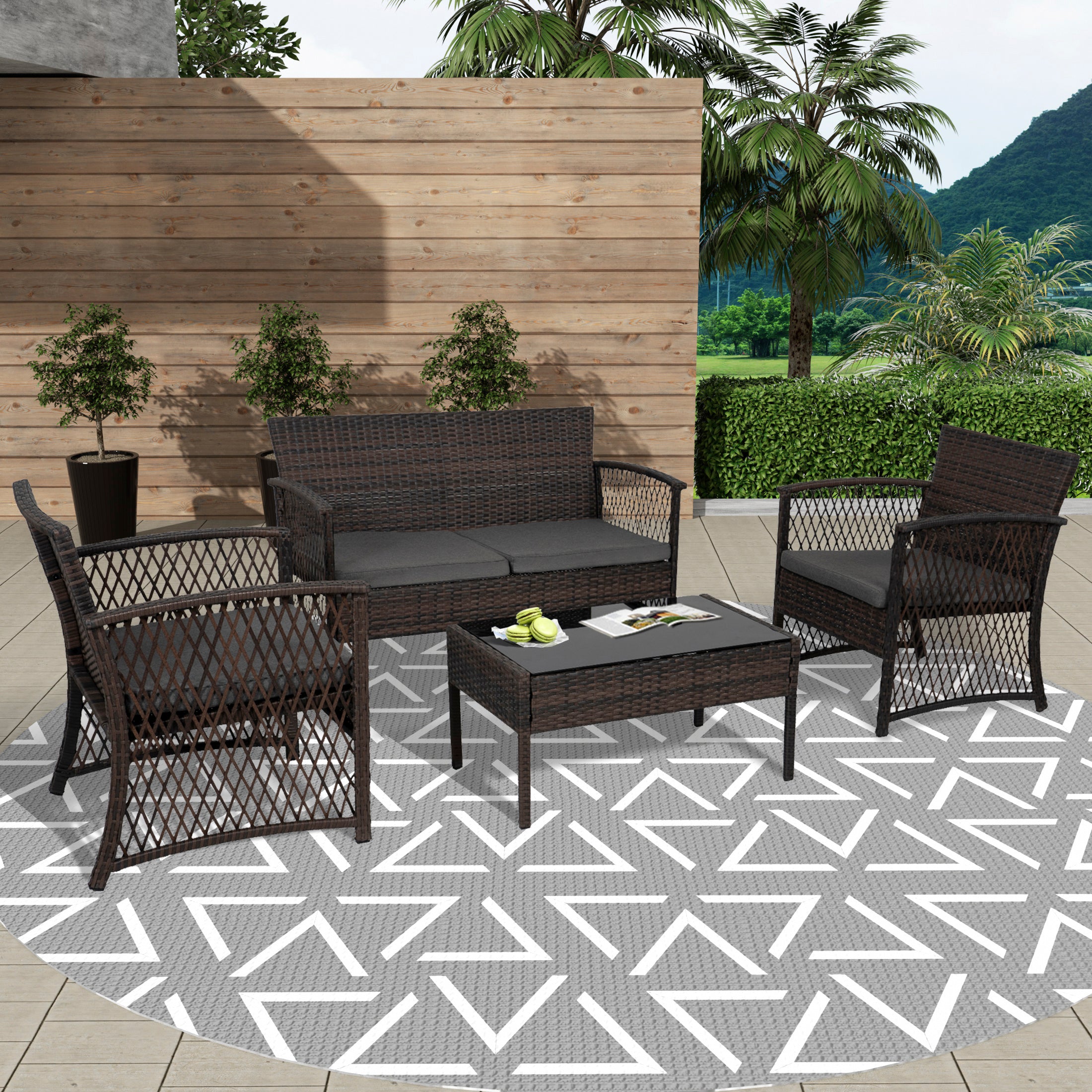 Estela 4-Piece set Coffee color base Outdoor / Patio Woven Rattan Conversation Sofa set with cushions a Coffee table ( 4 seater )