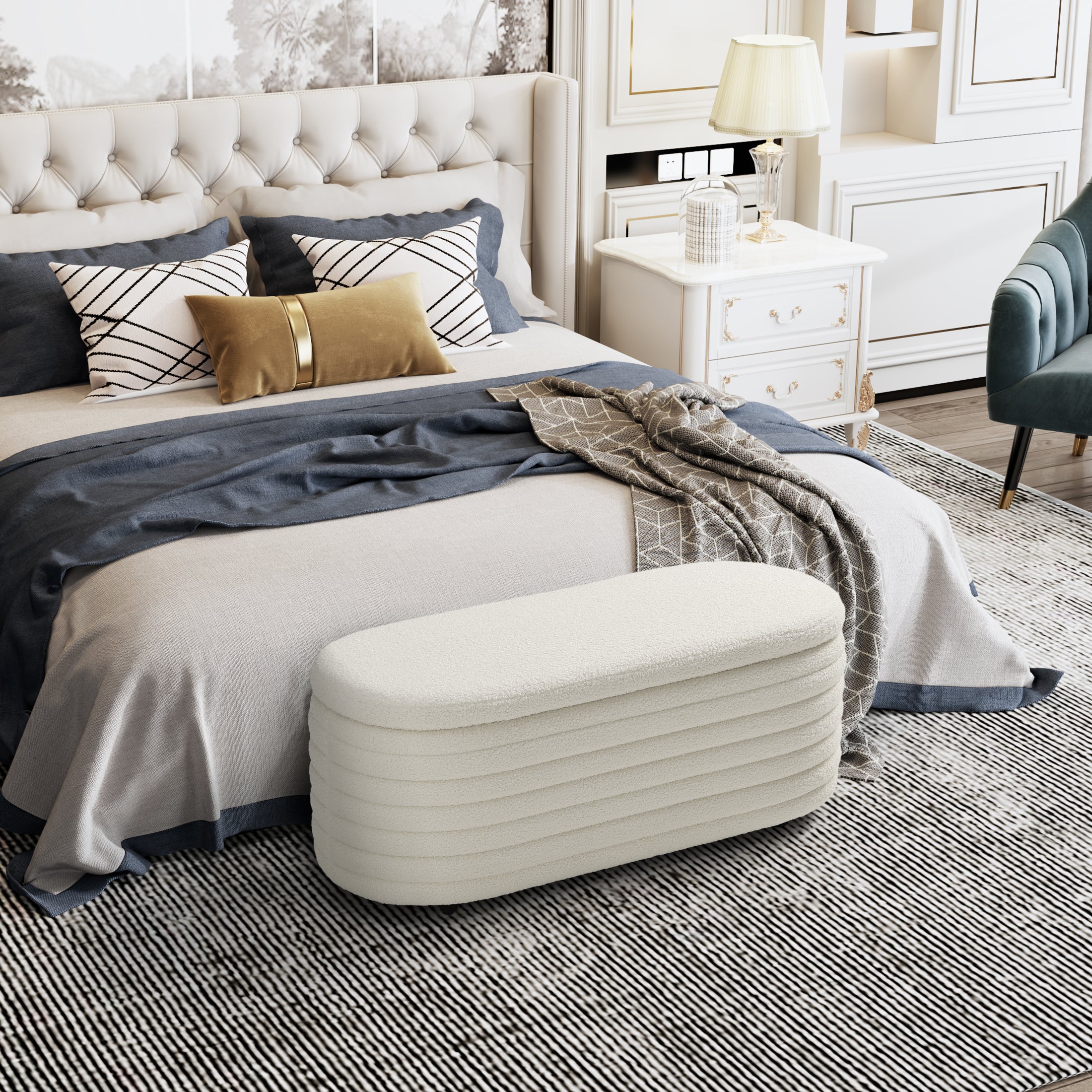 Celine 42" Wide Mid-Century Modern Upholstered Teddy Sherpa Tufted Oval Storage Ottoman Bench