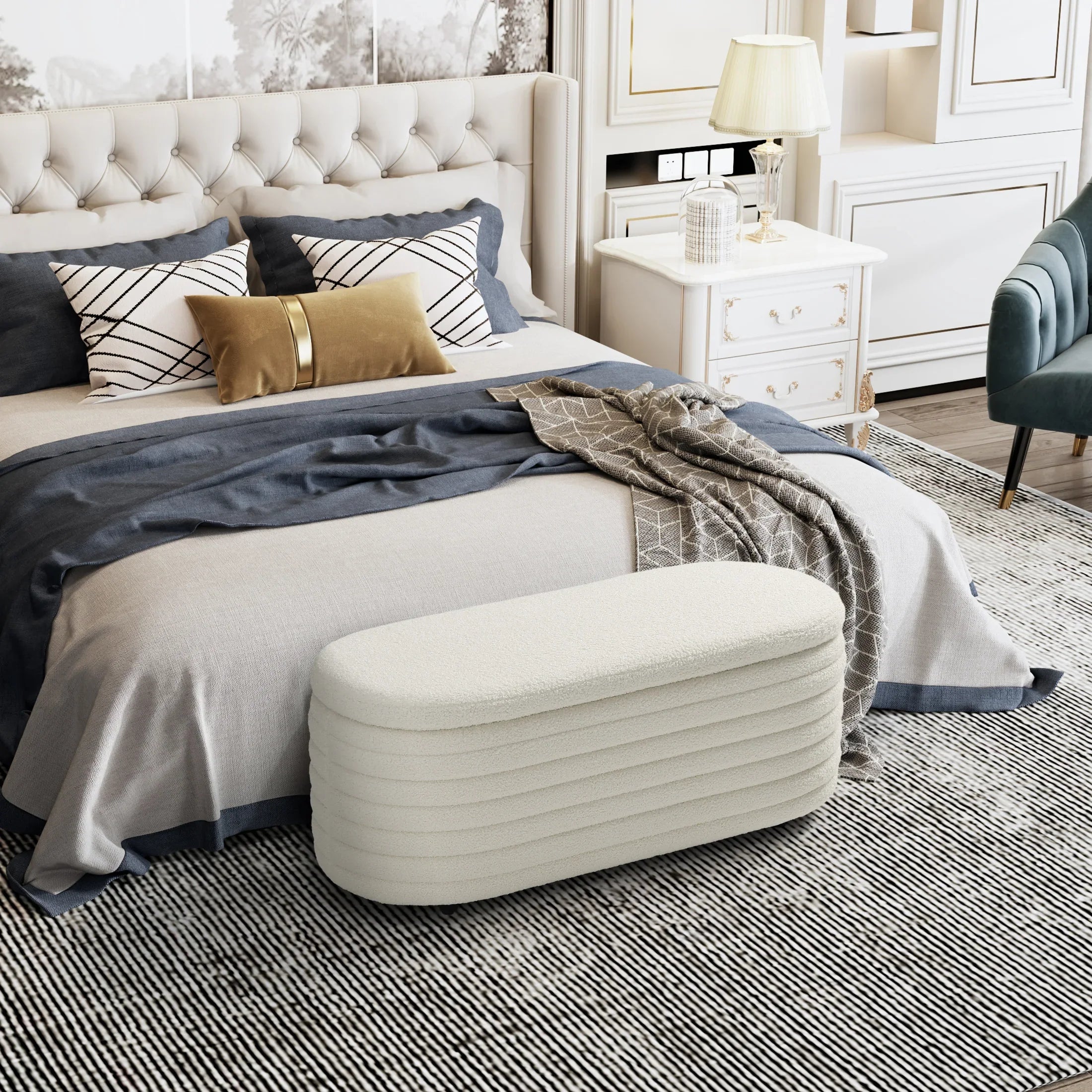 Celine 42" Wide Mid-Century Modern Upholstered Teddy Sherpa Tufted Oval Storage Ottoman Bench
