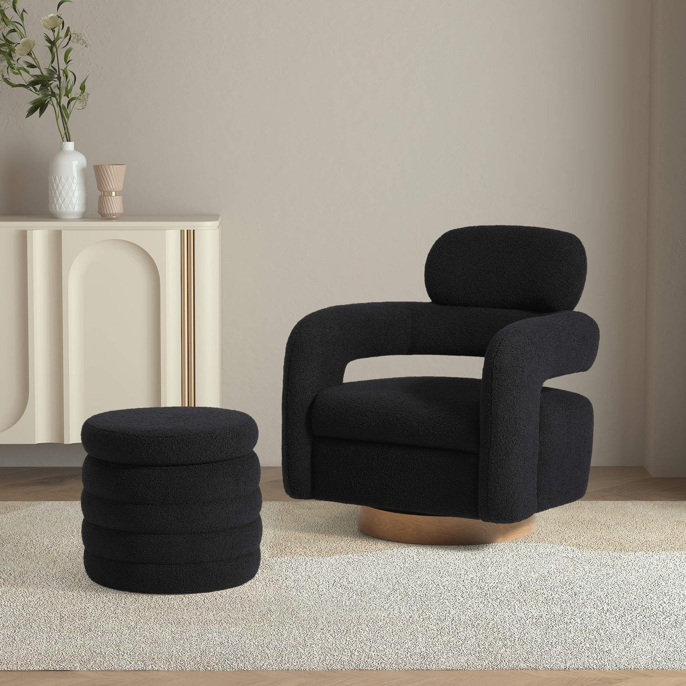 Celine Mid-Century Modern Sherpa Swivel Barrel Accent Chair With Storage Ottoman