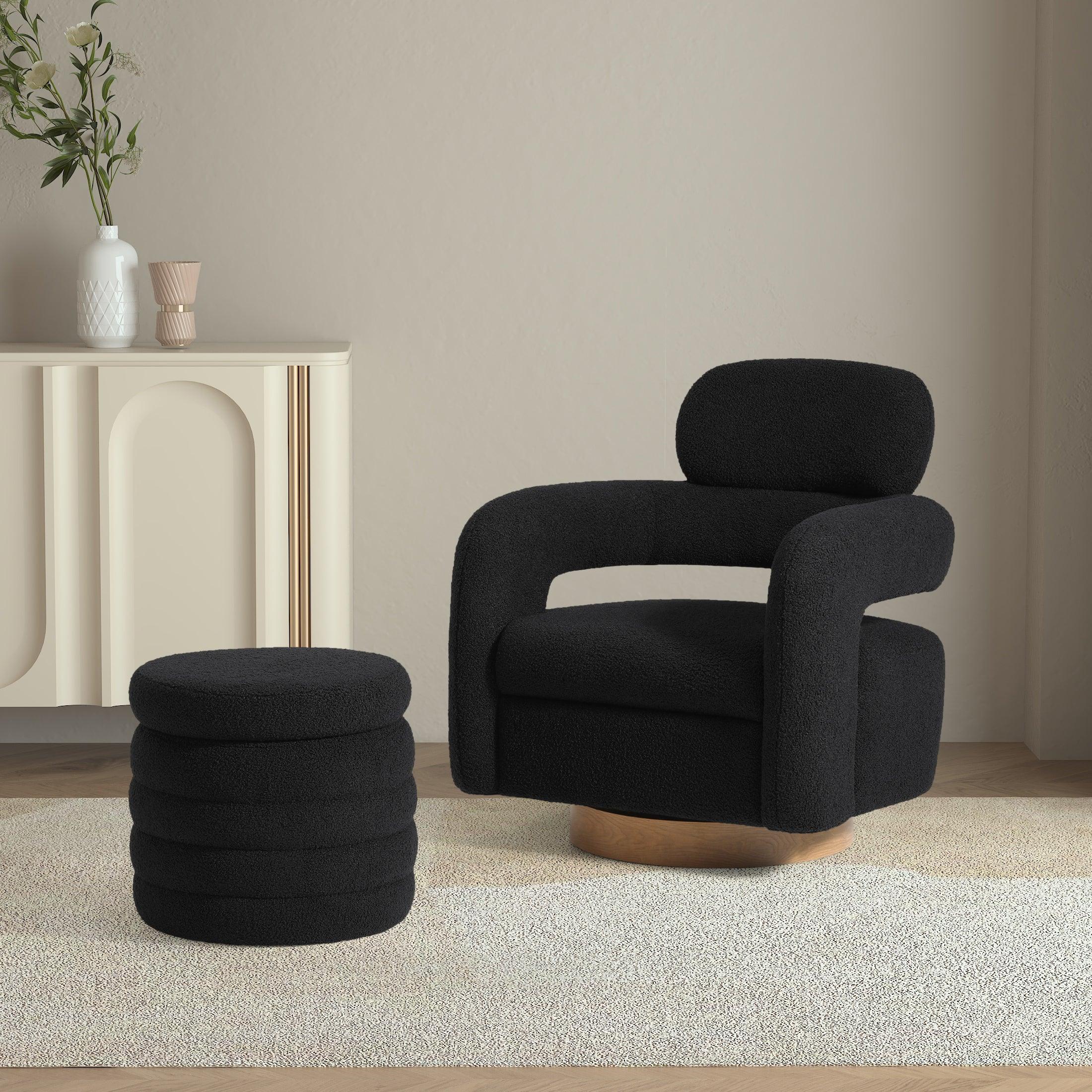 Celine Mid-Century Modern Sherpa Swivel Barrel Accent Chair With Storage Ottoman
