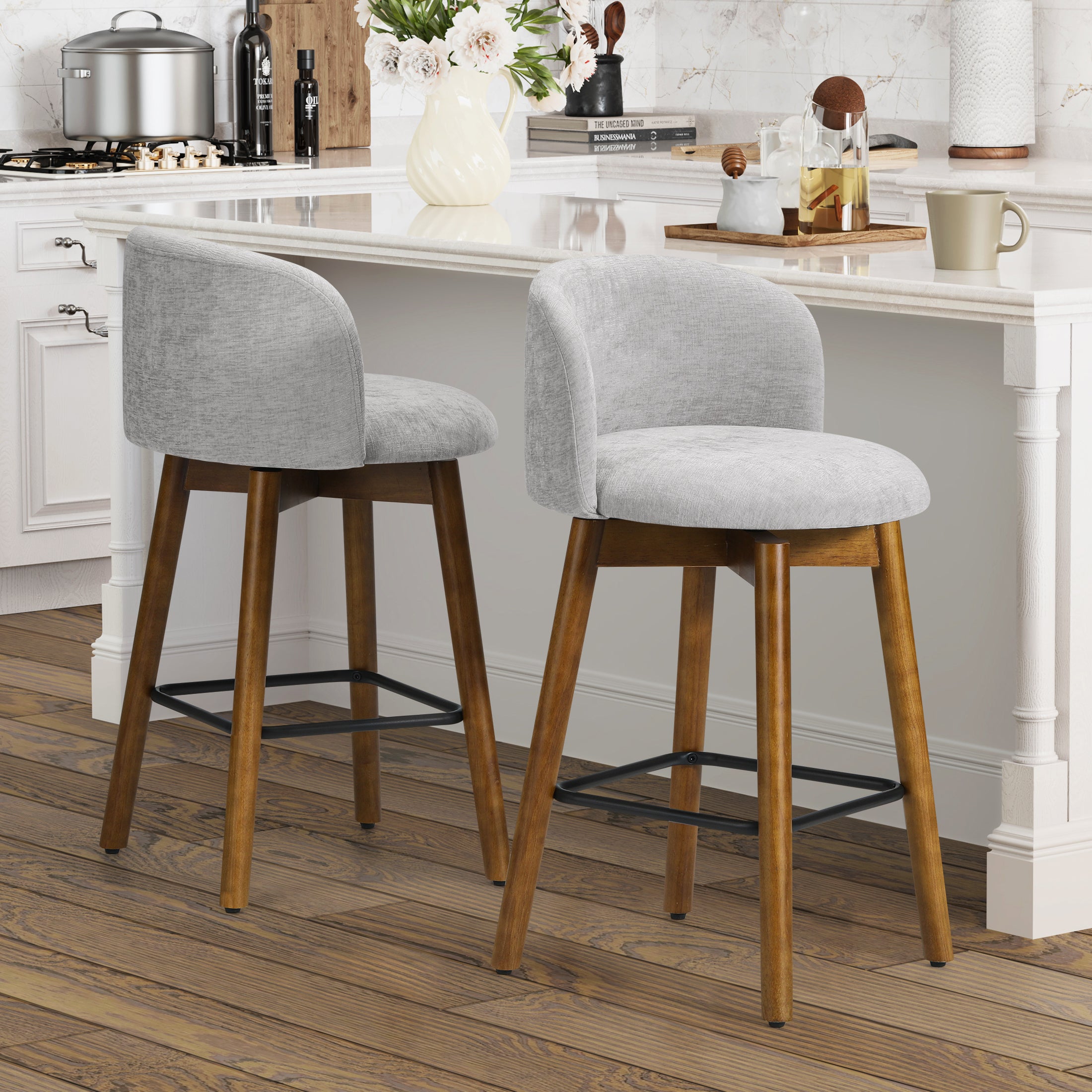 Danburry Modern Chenille Upholstered 26" Counter Height Swivel Bar Stools (Set of 2)