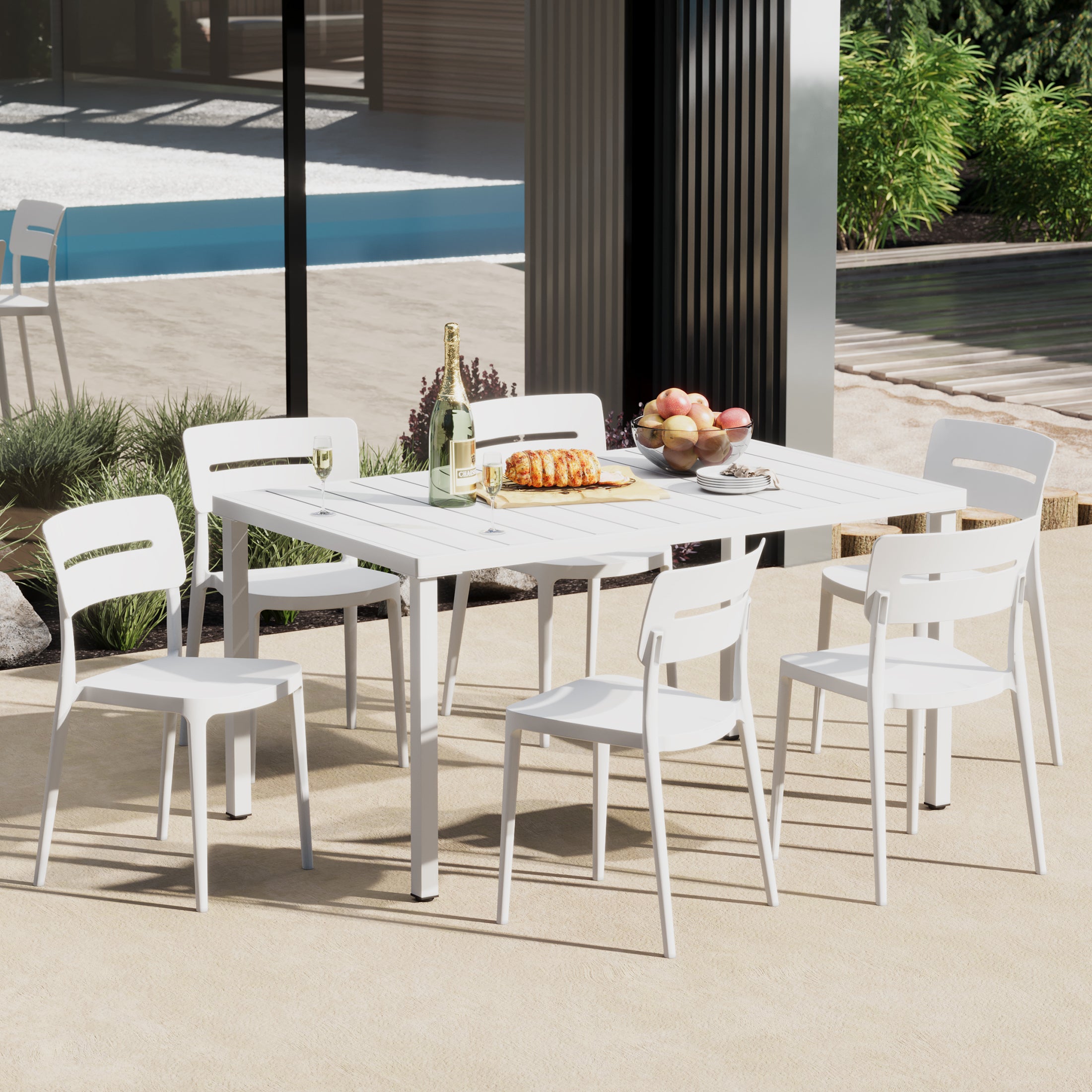 Sunshine 7-Piece Outdoor Rectangular Metal Patio Dining Table Set With Stackable Patio Chairs