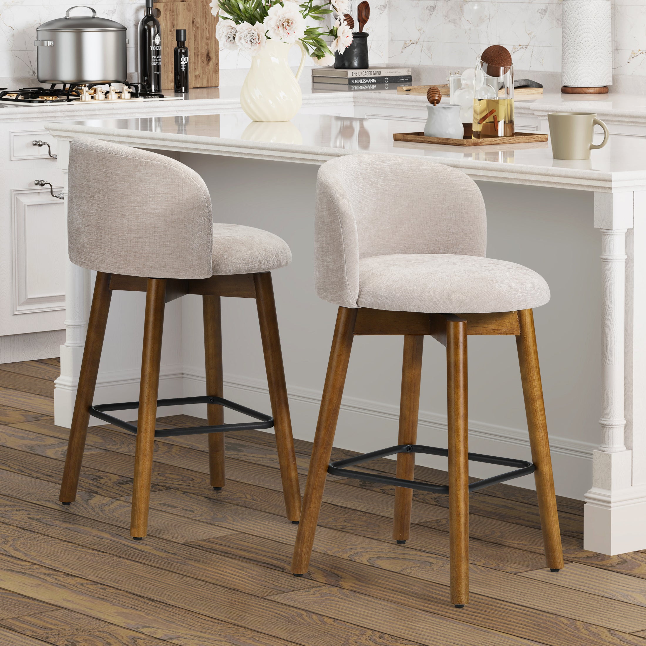 Danburry Modern Chenille Upholstered 26" Counter Height Swivel Bar Stools (Set of 2)