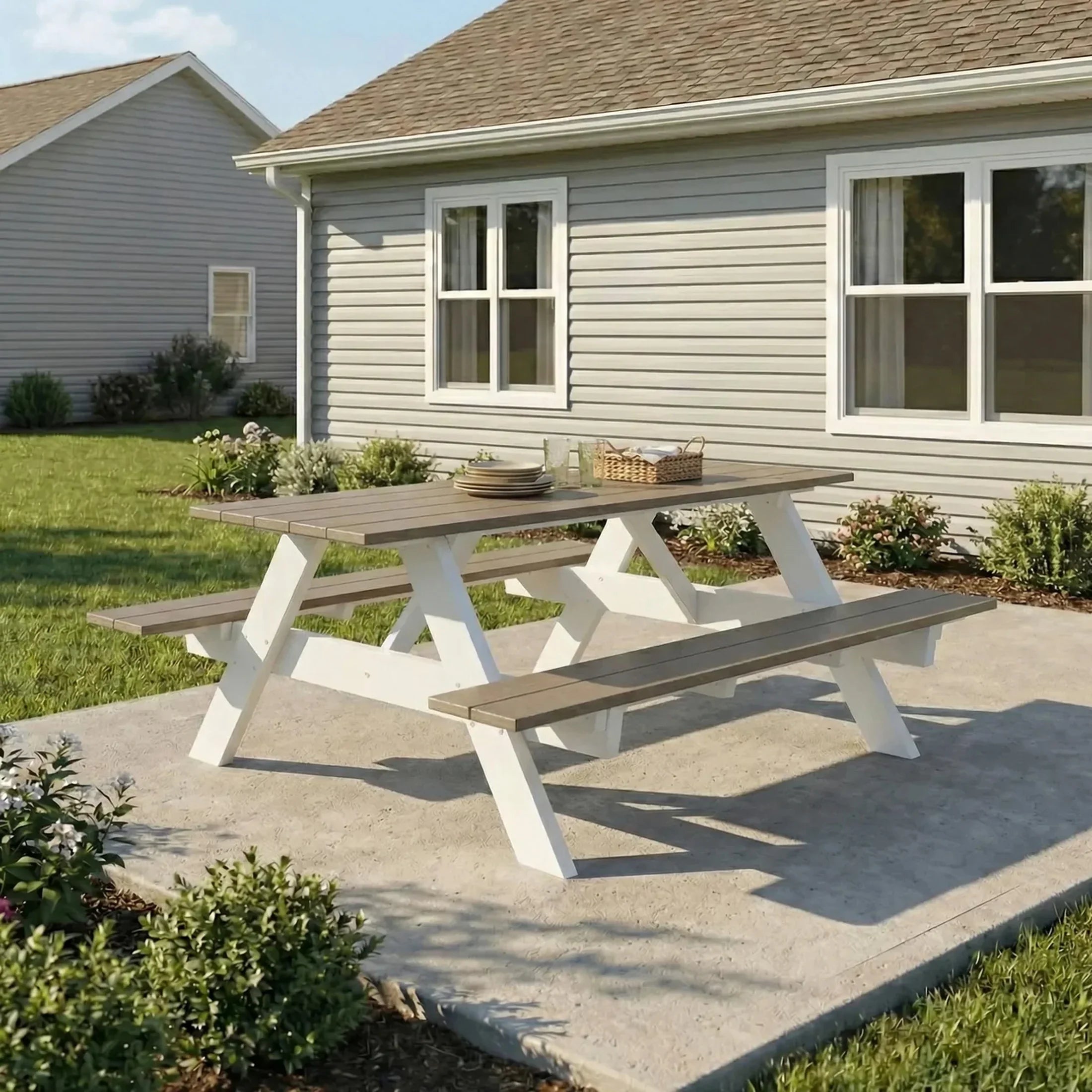 Macon Outdoor 70" HDPE Plastic Picnic Table Bench With Umbrella Hole
