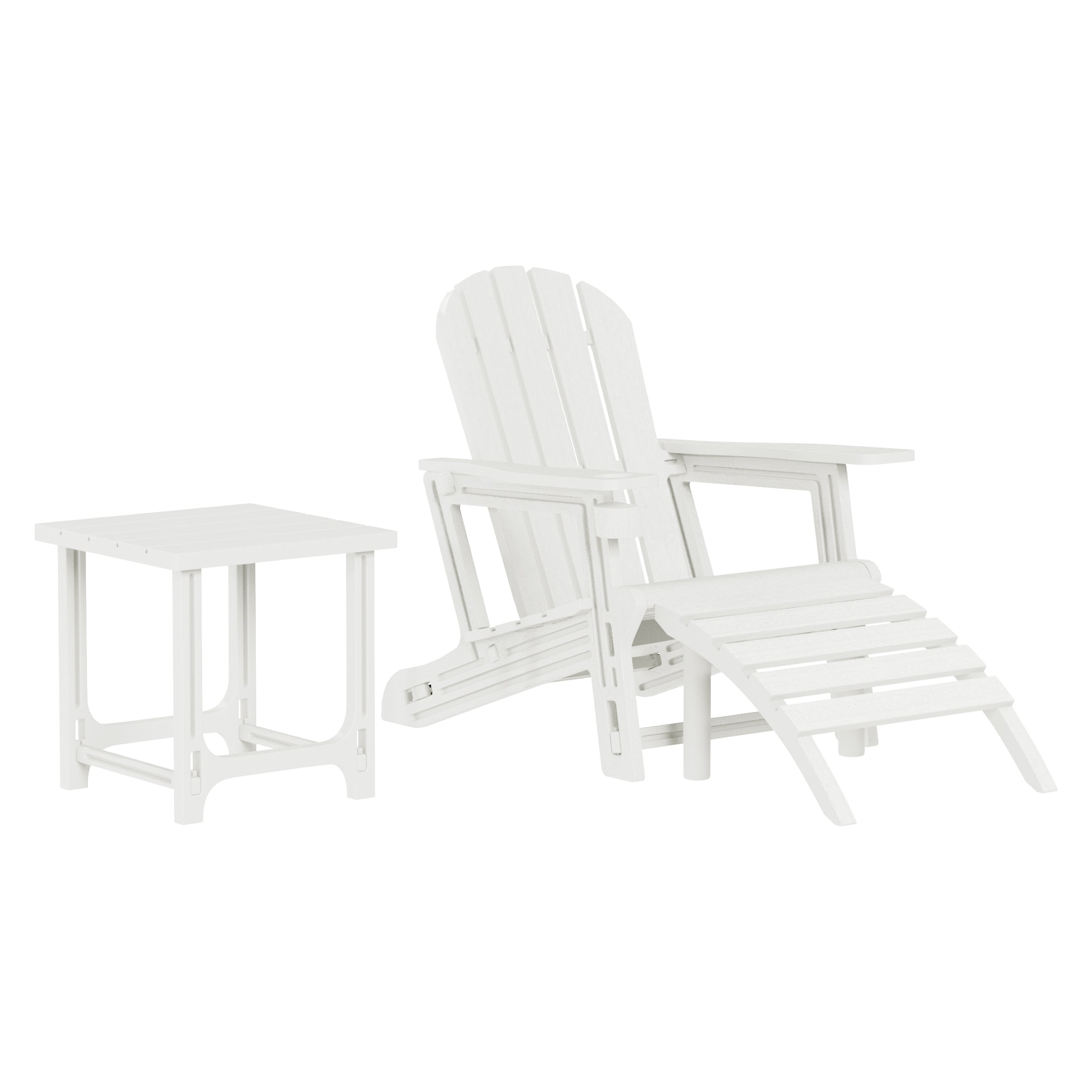Cayman 3-Piece HDPE Outdoor Patio Adirondack Chair with Ottoman and 18" Side Table Set