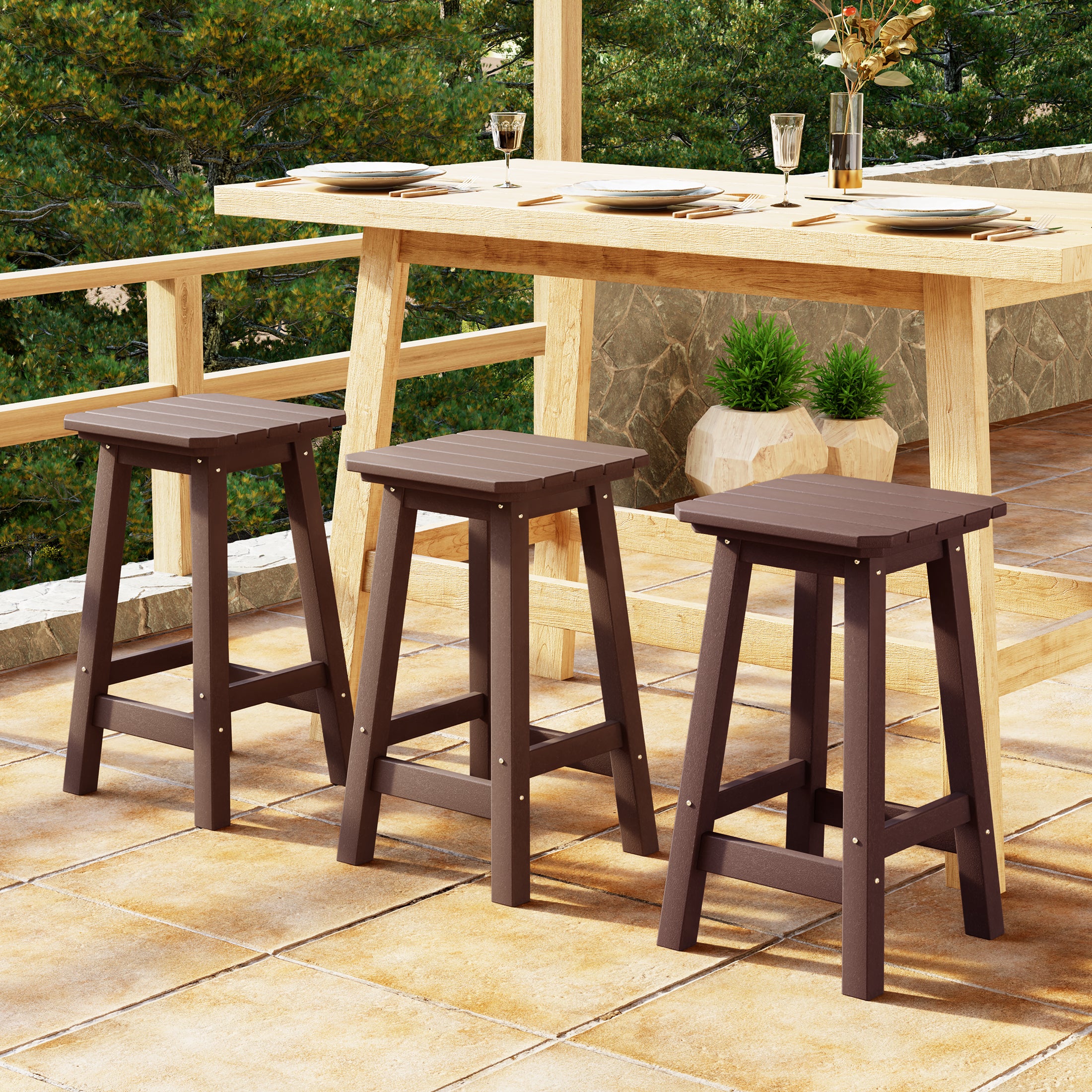 Paradise 24" HDPE Outdoor Patio Counter High Backless Square Bar Stools Set of Three