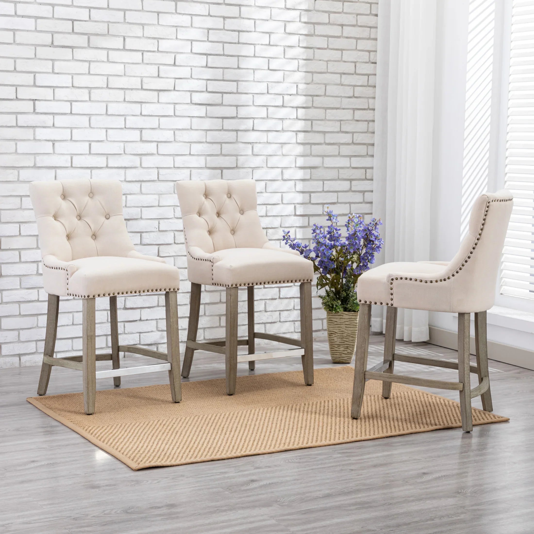 Bellmount 24" Upholstered Wood Bar Stool with Tufted Back (Set of 3)