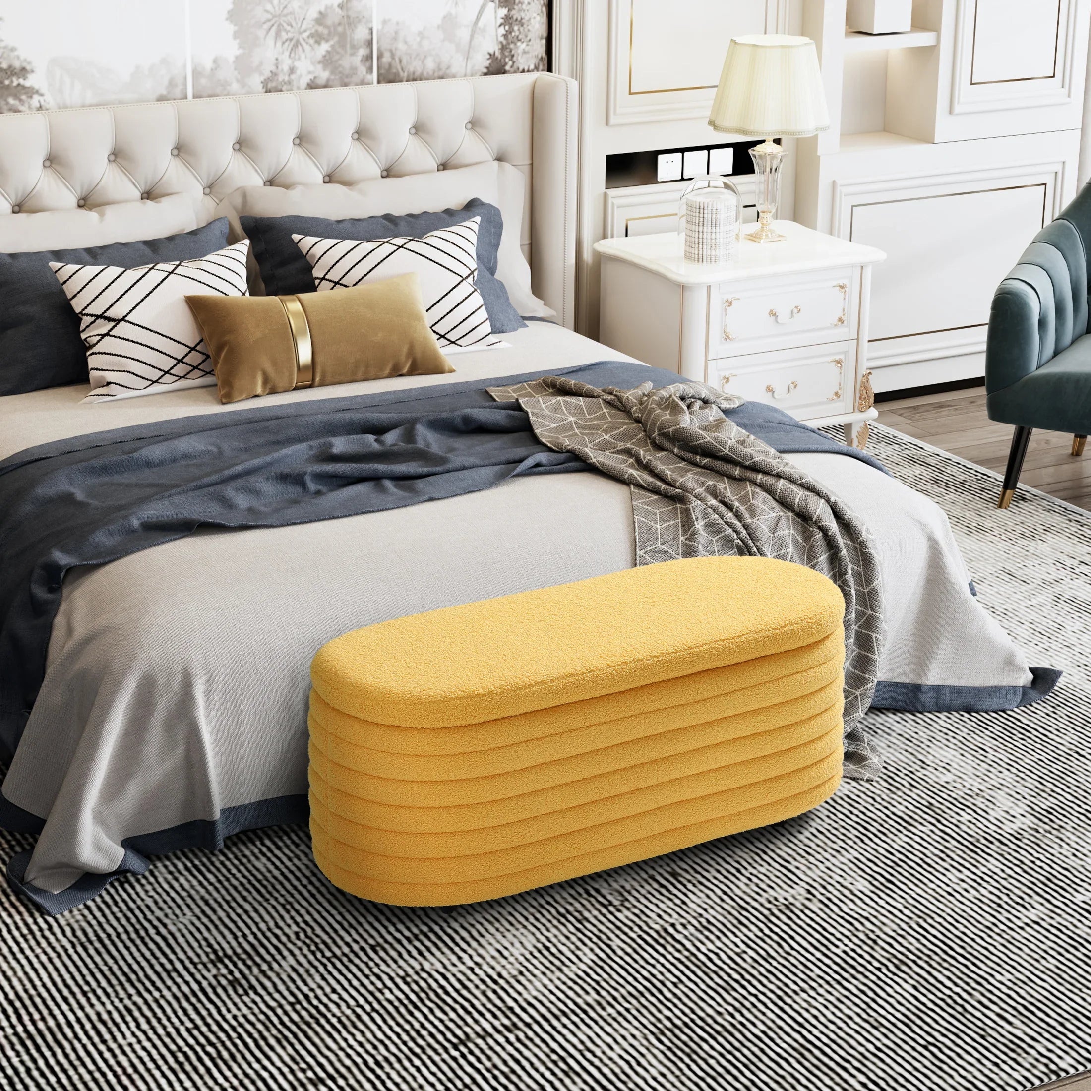 Celine 42" Wide Mid-Century Modern Upholstered Teddy Sherpa Tufted Oval Storage Ottoman Bench
