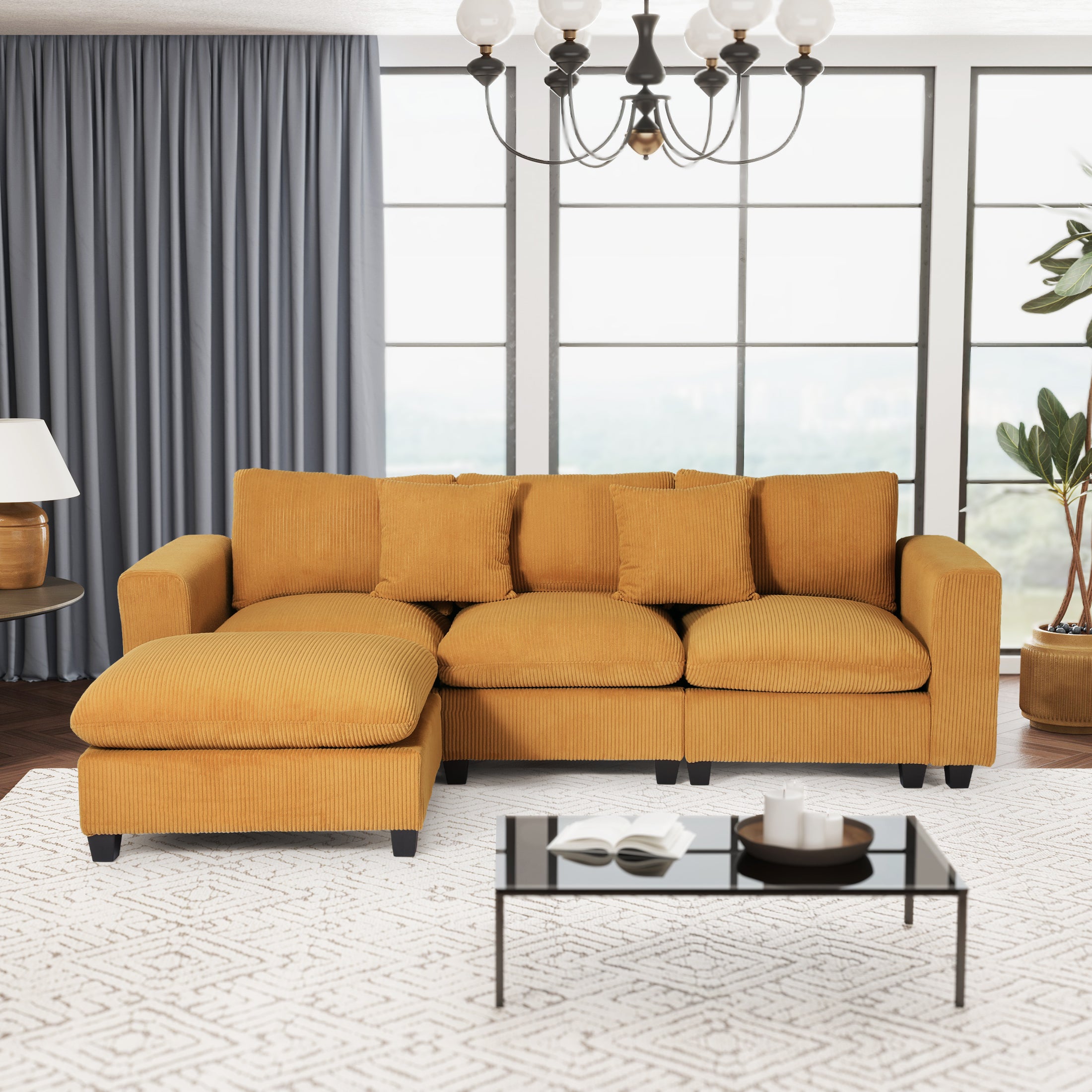 Ava 99" Modular Corduroy L-Shaped Sectional Sofa and Chaise With USB/Type-C Ports and Side Pockets