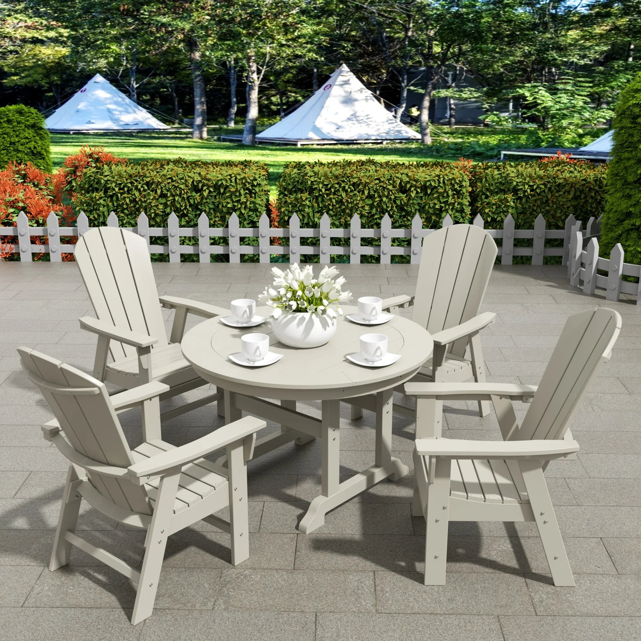 Paradise 5 Piece Outdoor Patio Dining Round Table and Curved Back Armchair Set