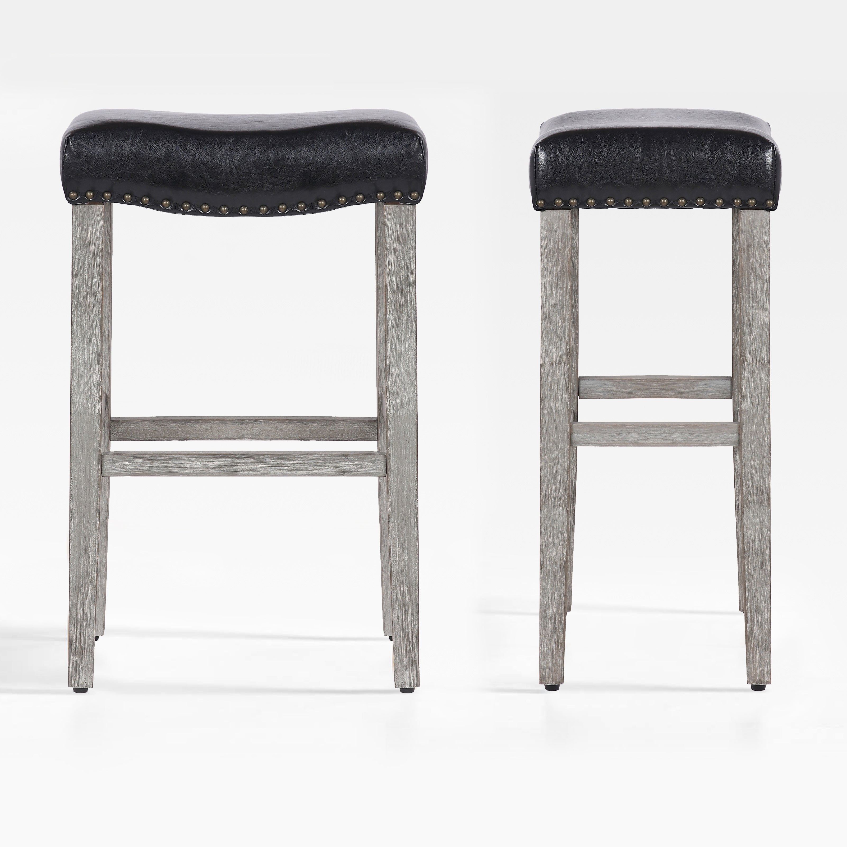 Bulmon 29" upholstered nail head bar counter stools with Antique Gray color legs (2 piece set)
